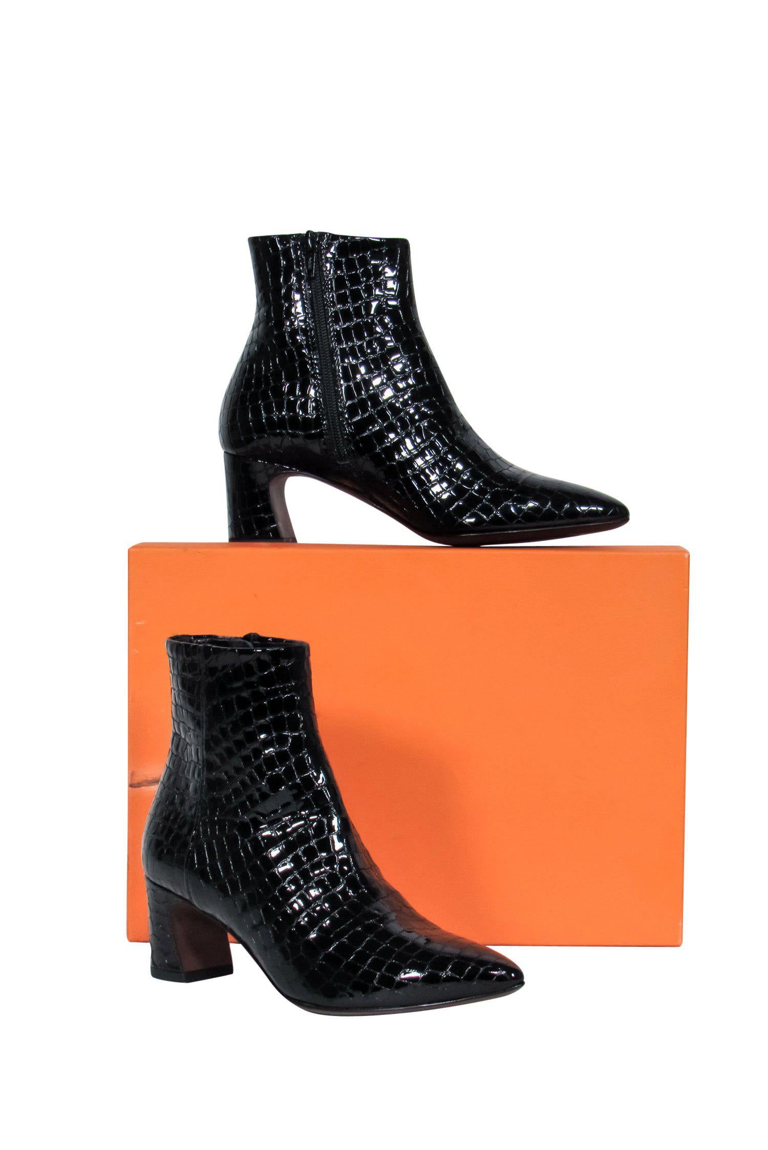 AGL Black Patent Leather Reptile-Embossed Heeled Booties - Size 6