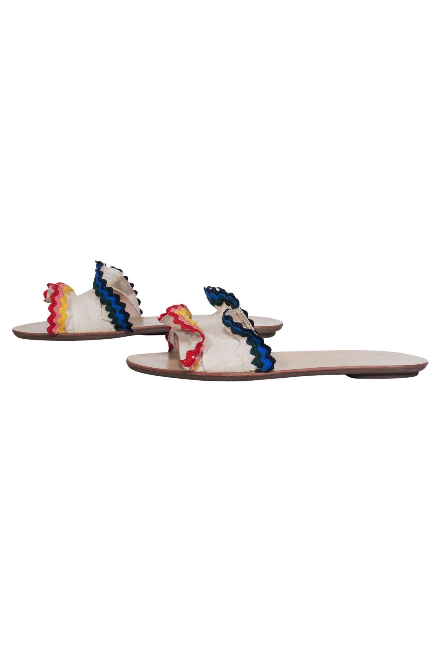 Loeffler Randall's Fiesta Beige Ruffle Slide Sandals with Multicolored Embroidery - Size 9.5