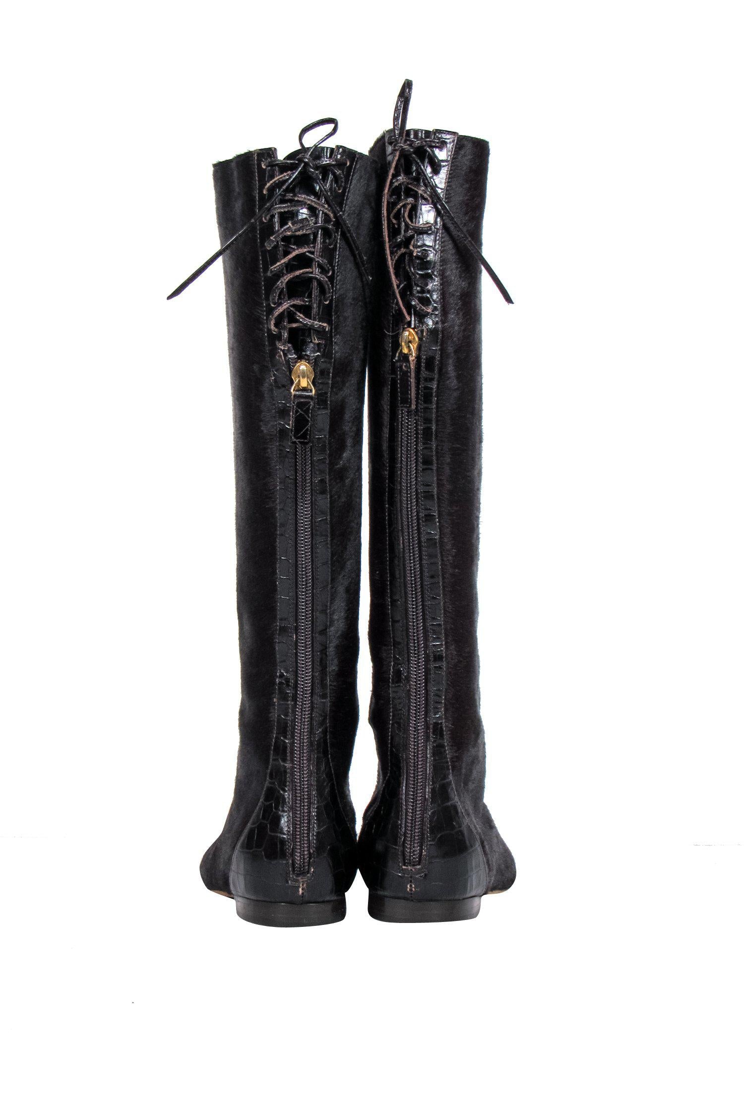 Oscar de la Renta's Stunning Brown Calf Lace - Up Knee High Boots, Size 5.5