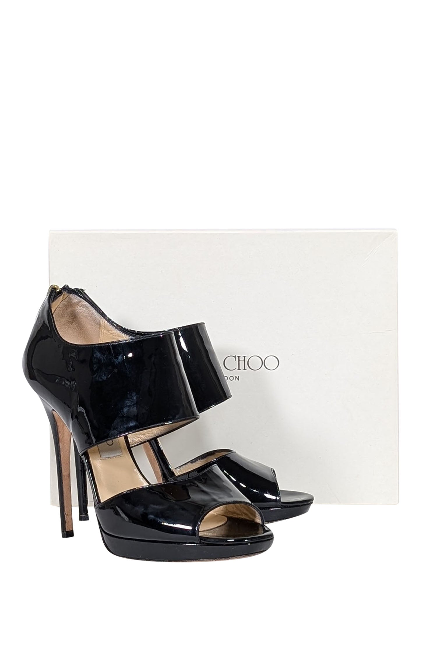 Jimmy Choo - Stunning Black Patent Leather Open Toe Pumps in Size 8.5