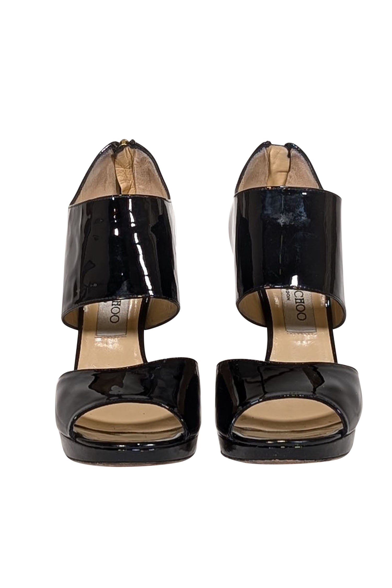 Jimmy Choo - Stunning Black Patent Leather Open Toe Pumps in Size 8.5