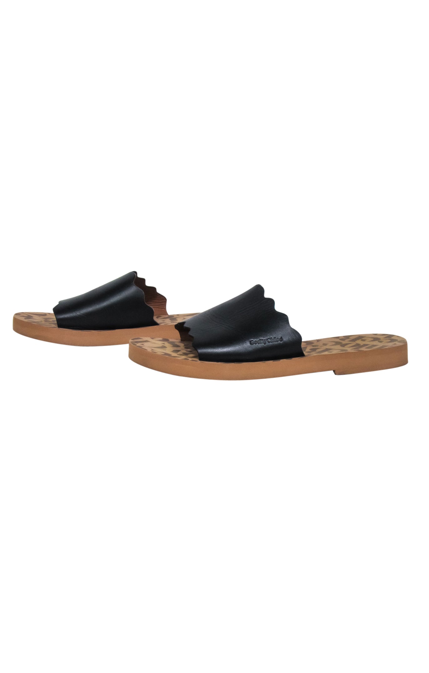 See by Chloe Black Leather Scallop Edge Slide Sandals - Size 10 - Perfect for Vacations