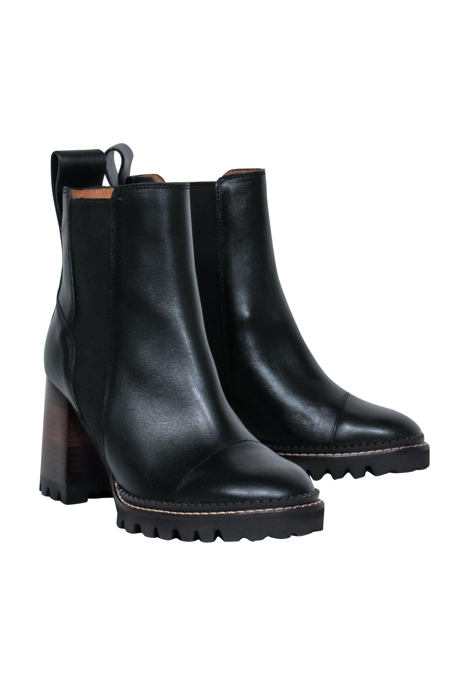 See by Chloe Black Lug Sole Block Heeled Booties - Size 7.5: Trendy Must-Haves!