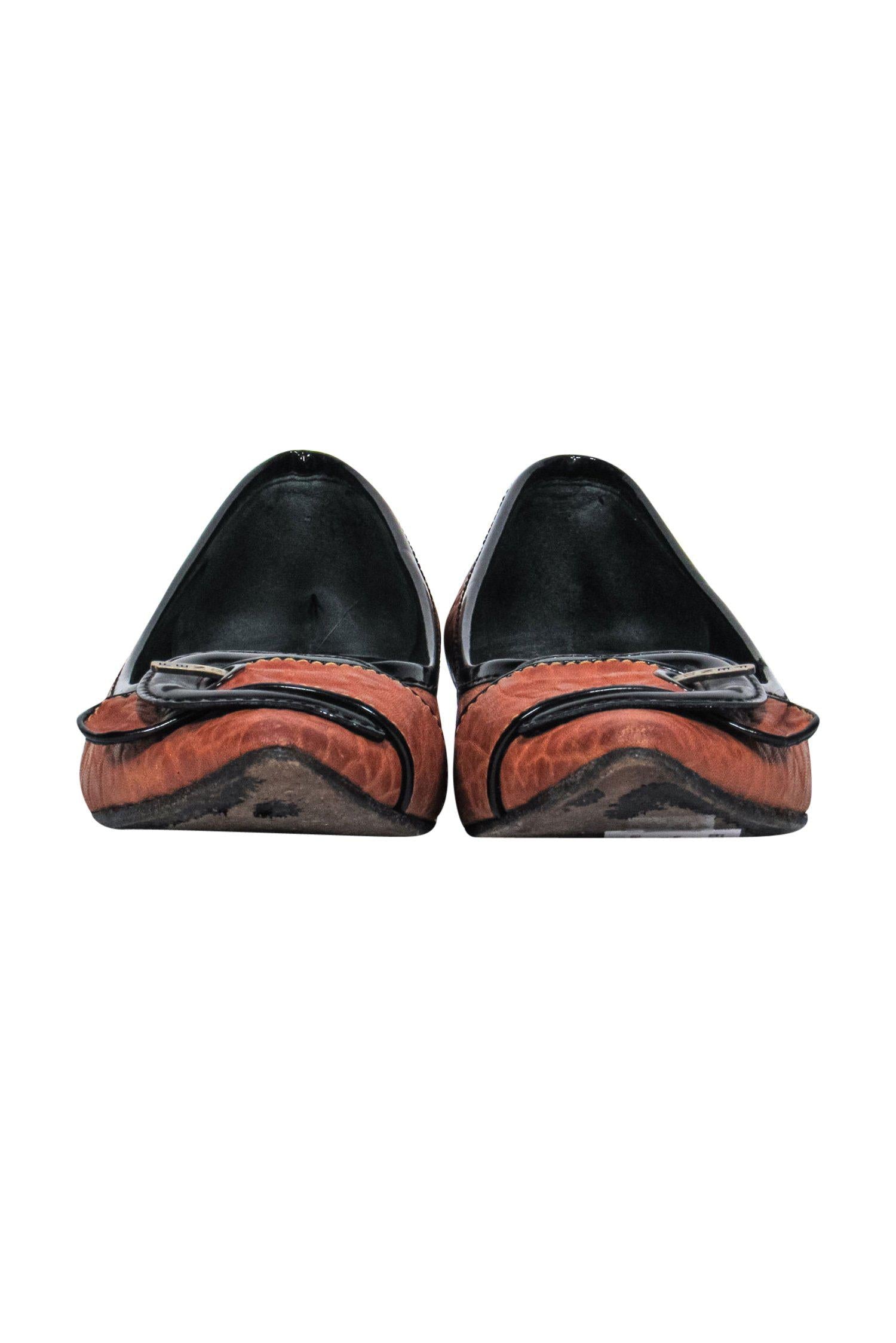 Fendi Edgy Brown Textured Leather Buckle Flats - Size 7.5