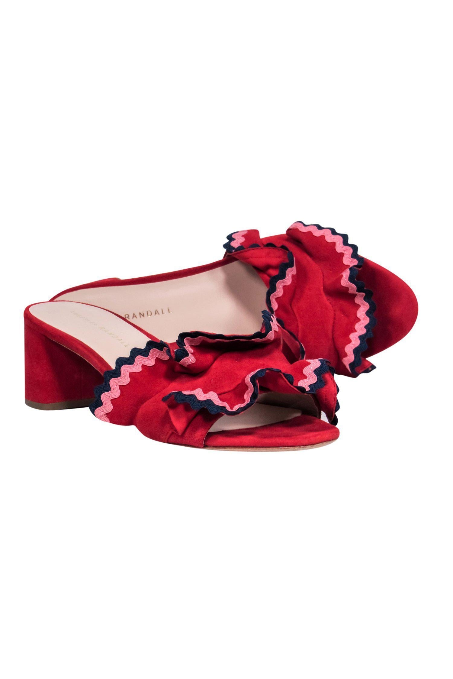 Loeffler Randall Red Ruffle Slide Block Heel Pumps with Multicolored Embroidery - Size 8.5
