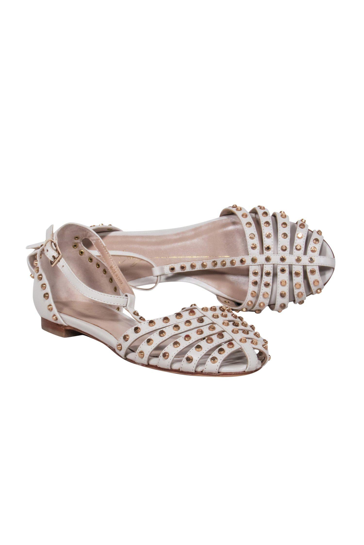 Lola Cruz Beige Leather Studded Gladiator Sandals - Size 8