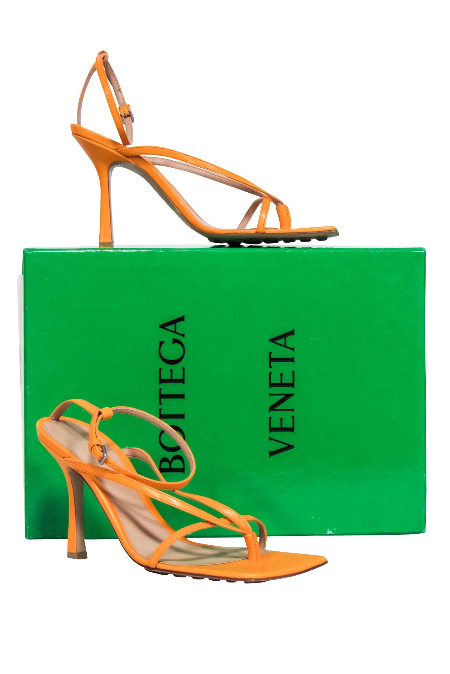Bottega Veneta Orange Leather Square Open Toe Pumps - Size 8.5