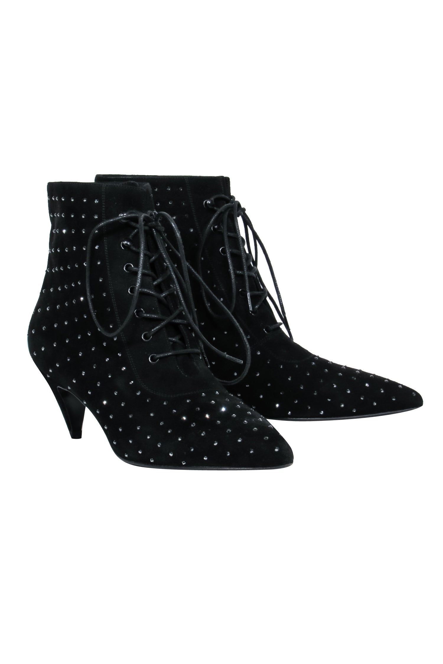 Glamorous Saint Laurent Black Suede Lace-Up Ankle Boots with Crystal Embellishments - Size 8