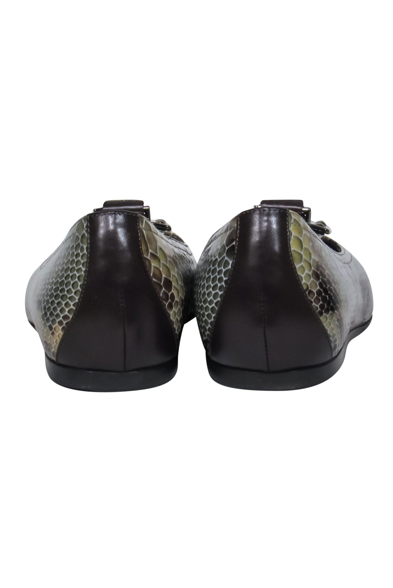 Donald J Pliner's Stunning Green & Brown Patent Leather Snakeskin Print Flats - Size 7.5