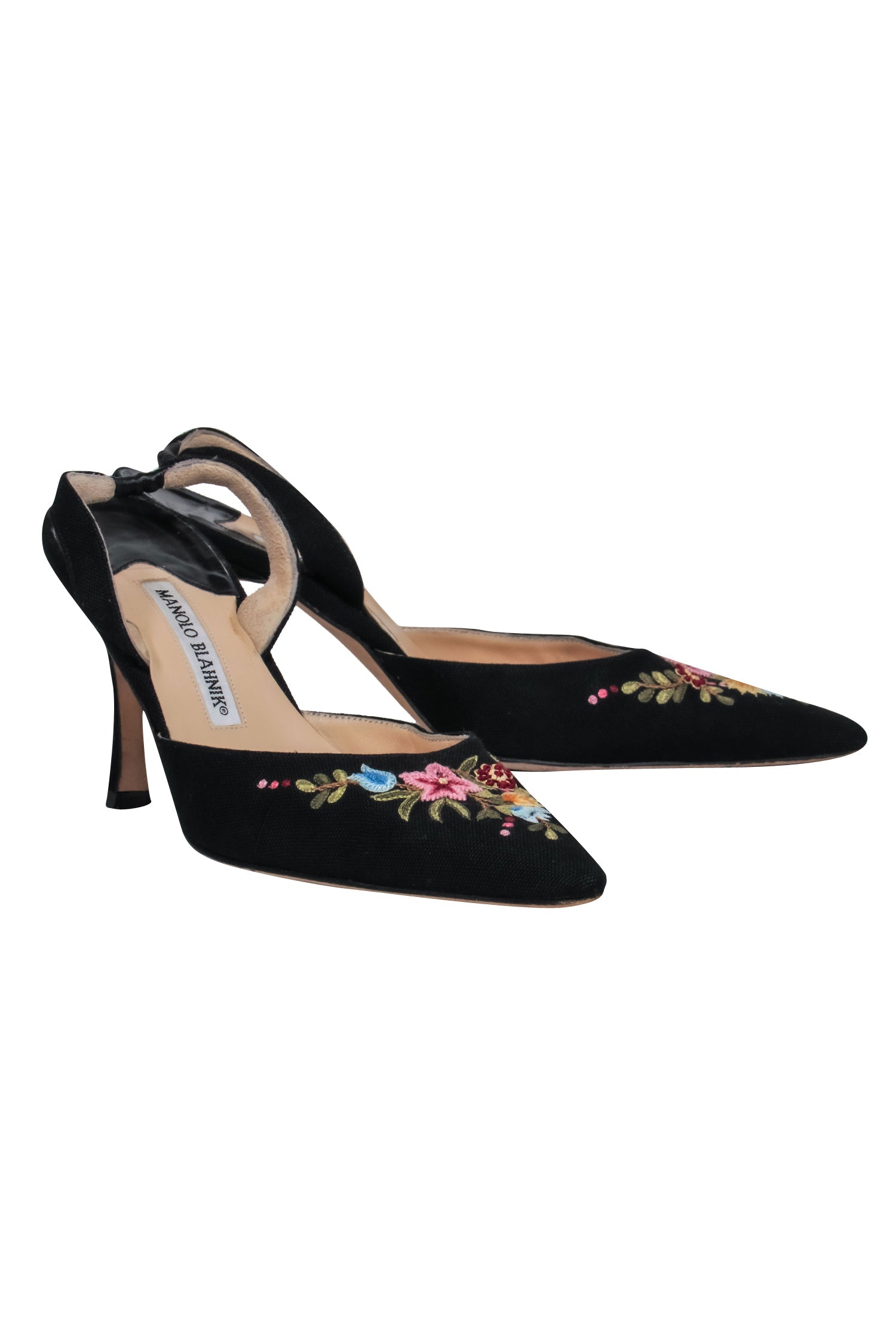 Manolo Blahnik - Stunning Black Multi - Color Floral Embroidery Slingback Heels Size 7