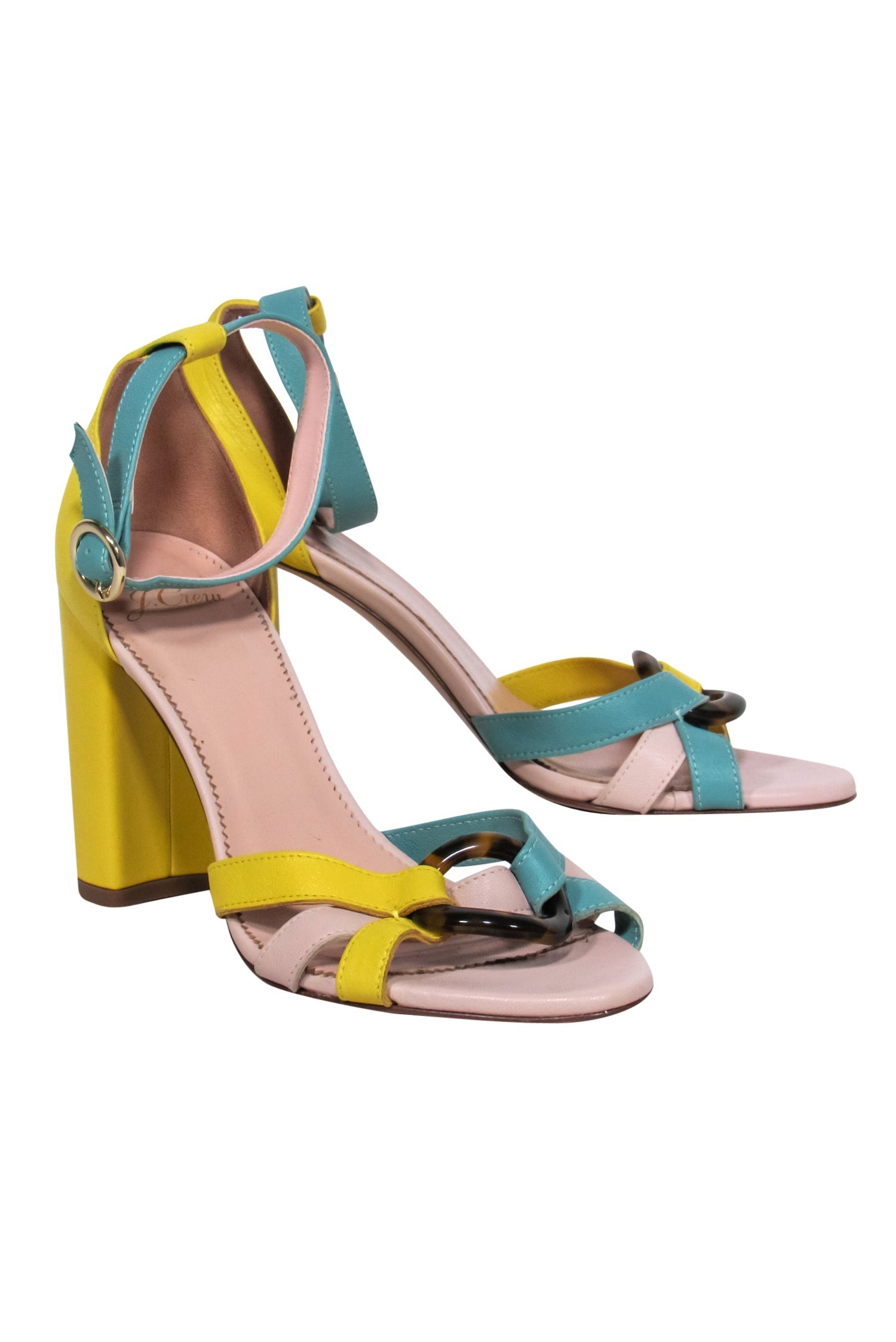 J.Crew's Stunning Yellow & Green Leather Block Heels with Tortoise Shell Buckle - Size 7