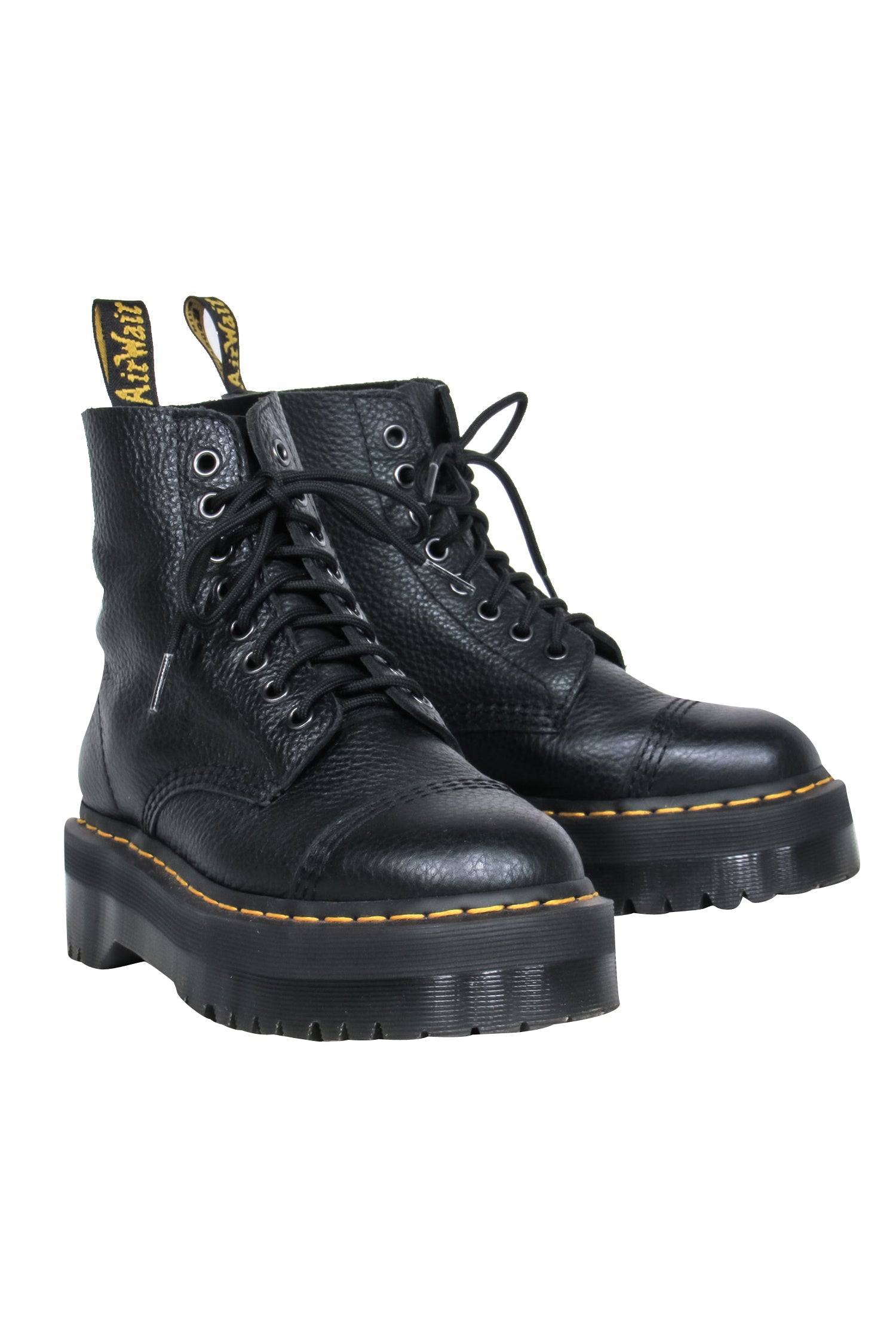 Dr. Martens - Stylish Black Pebbled Leather Platform Combat Boots, Size 7