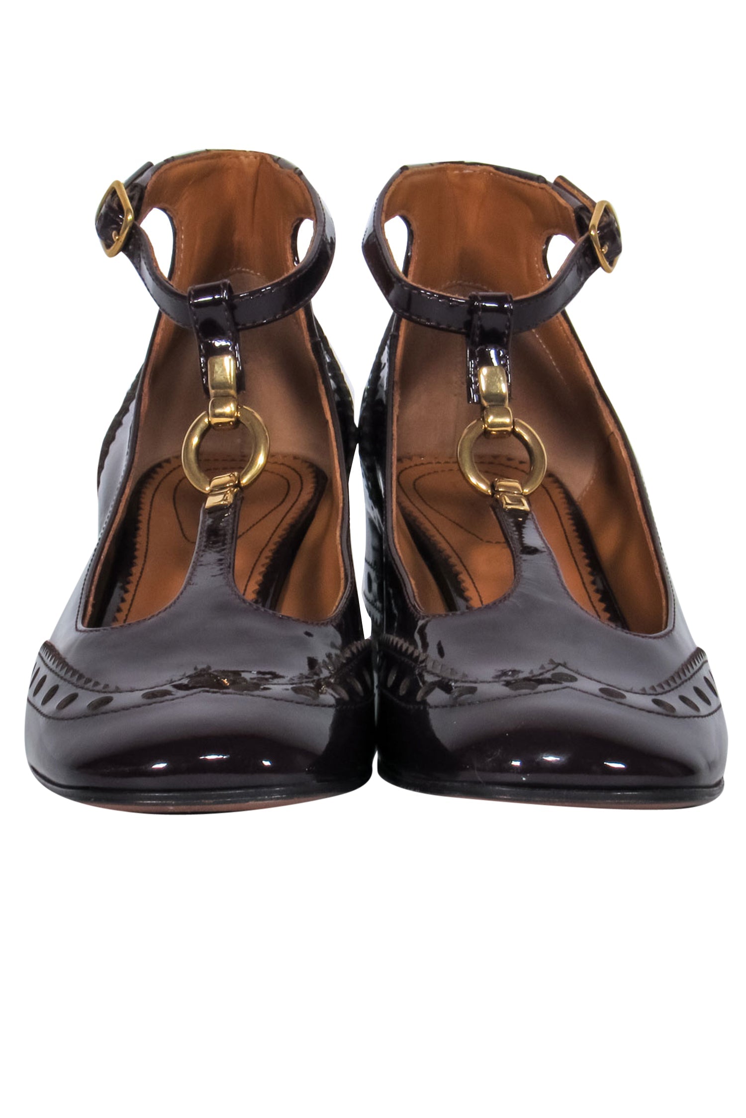 Chloe's Stunning Maroon Patent T-Strap Mary Jane Pumps with Loafer Embroidery - Size 8
