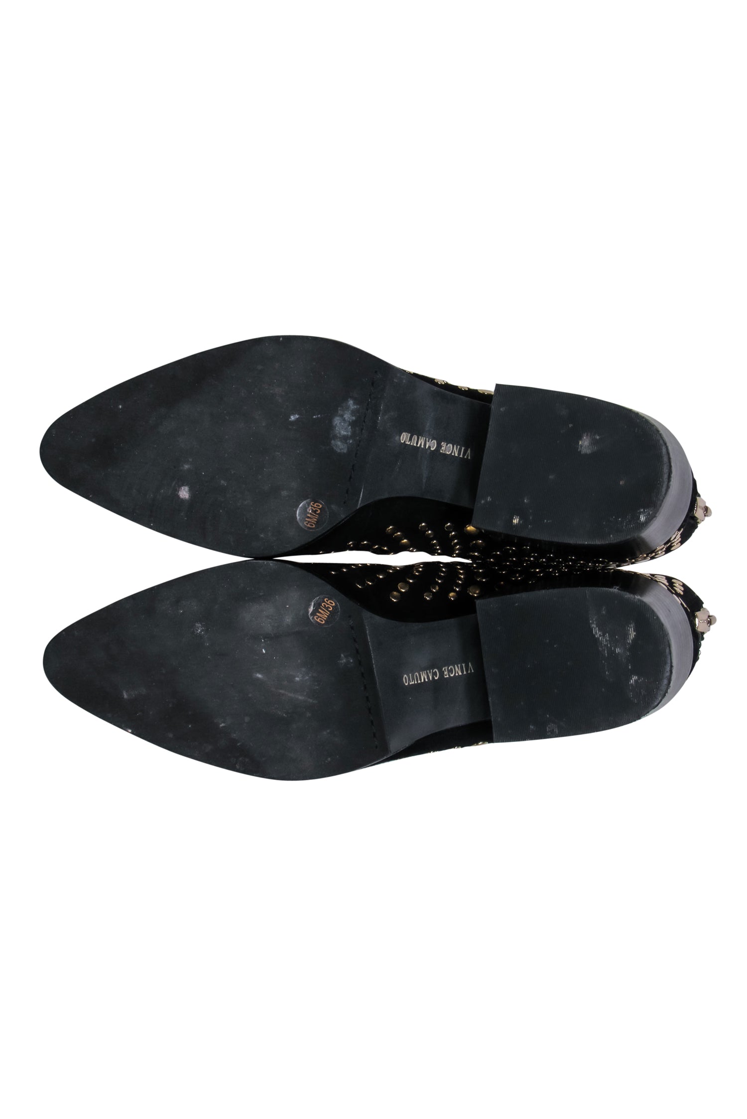 Vince Camuto's Stunning Black Suede Pointed Toe Booties with Gold Studs - Size 6