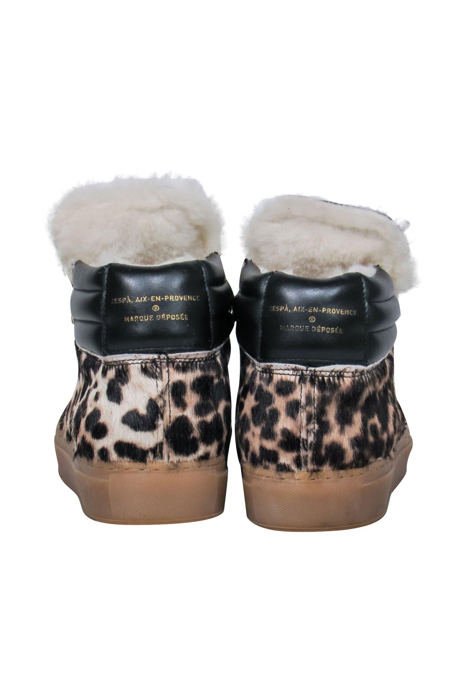 Zespa - Stunning Beige & Black Leopard Print Calf Hair & Leather Lace - Up High Top Sneakers with Shearling Trim, Size 7.5