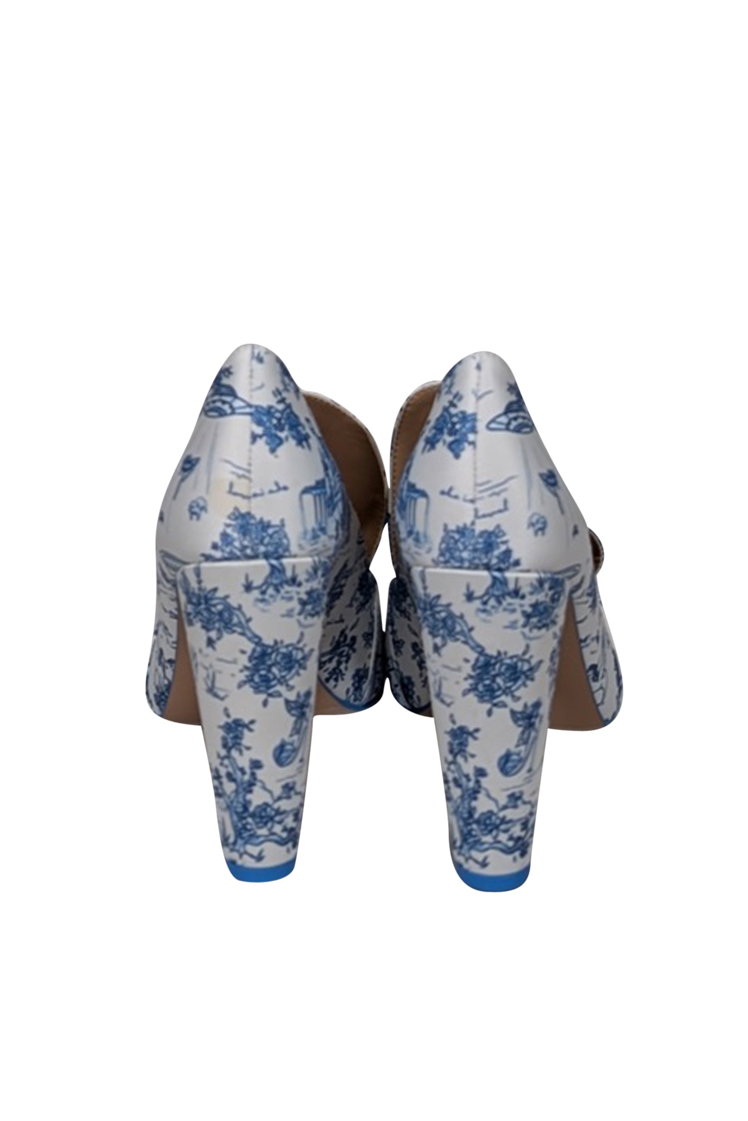 She Is Cheval - Enchanting White & Blue Toile Print Satin Heels in Size 8.5