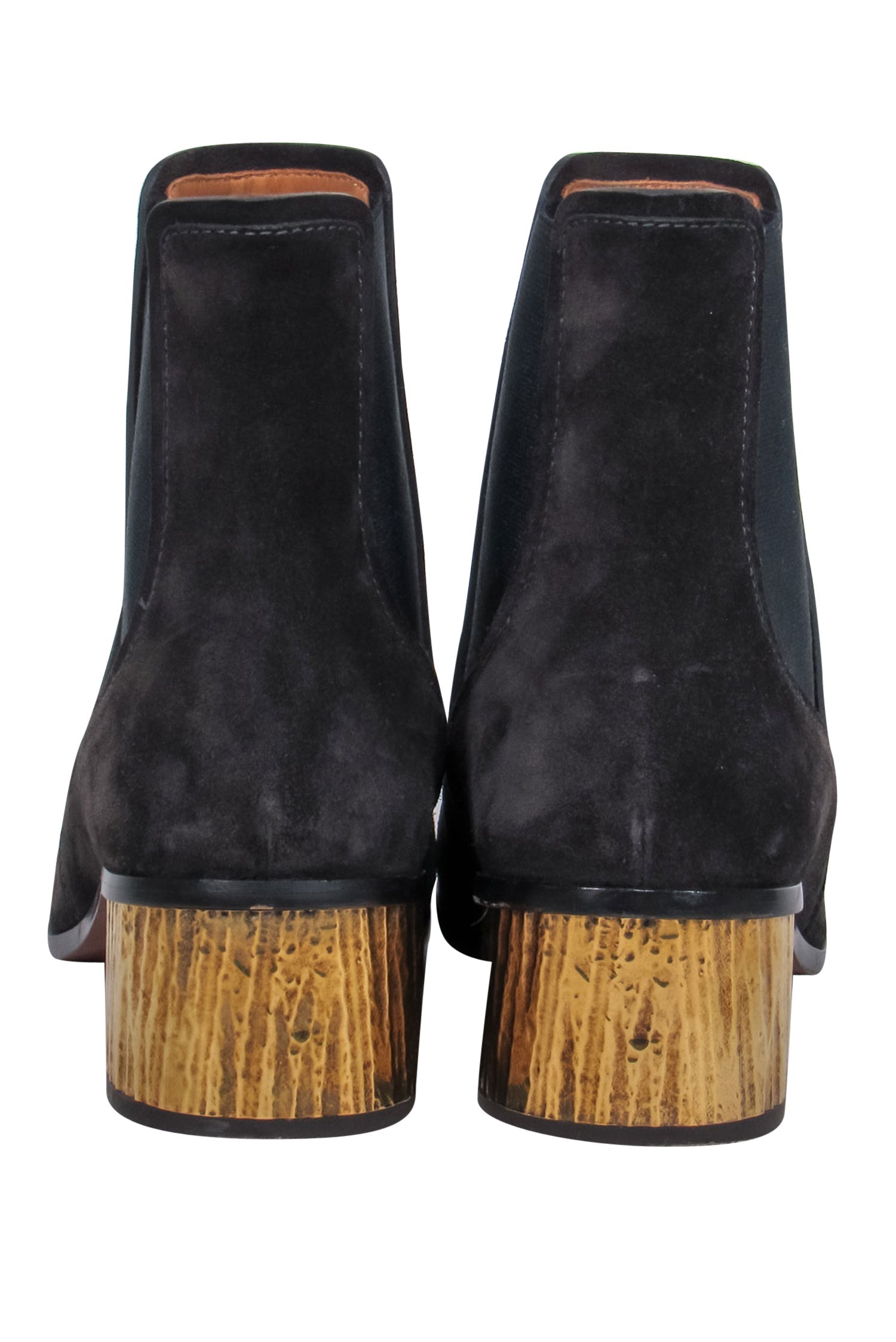Chloe Black Suede Chelsea Booties - Gold Block Heel, Size 8.5