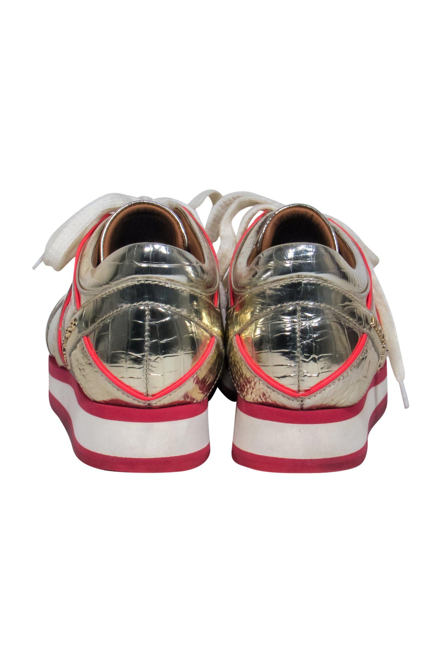 Jimmy Choo Gold Reptile-Embossed Lace-Up Platform Sneakers with Pink Trim - Size 5.5