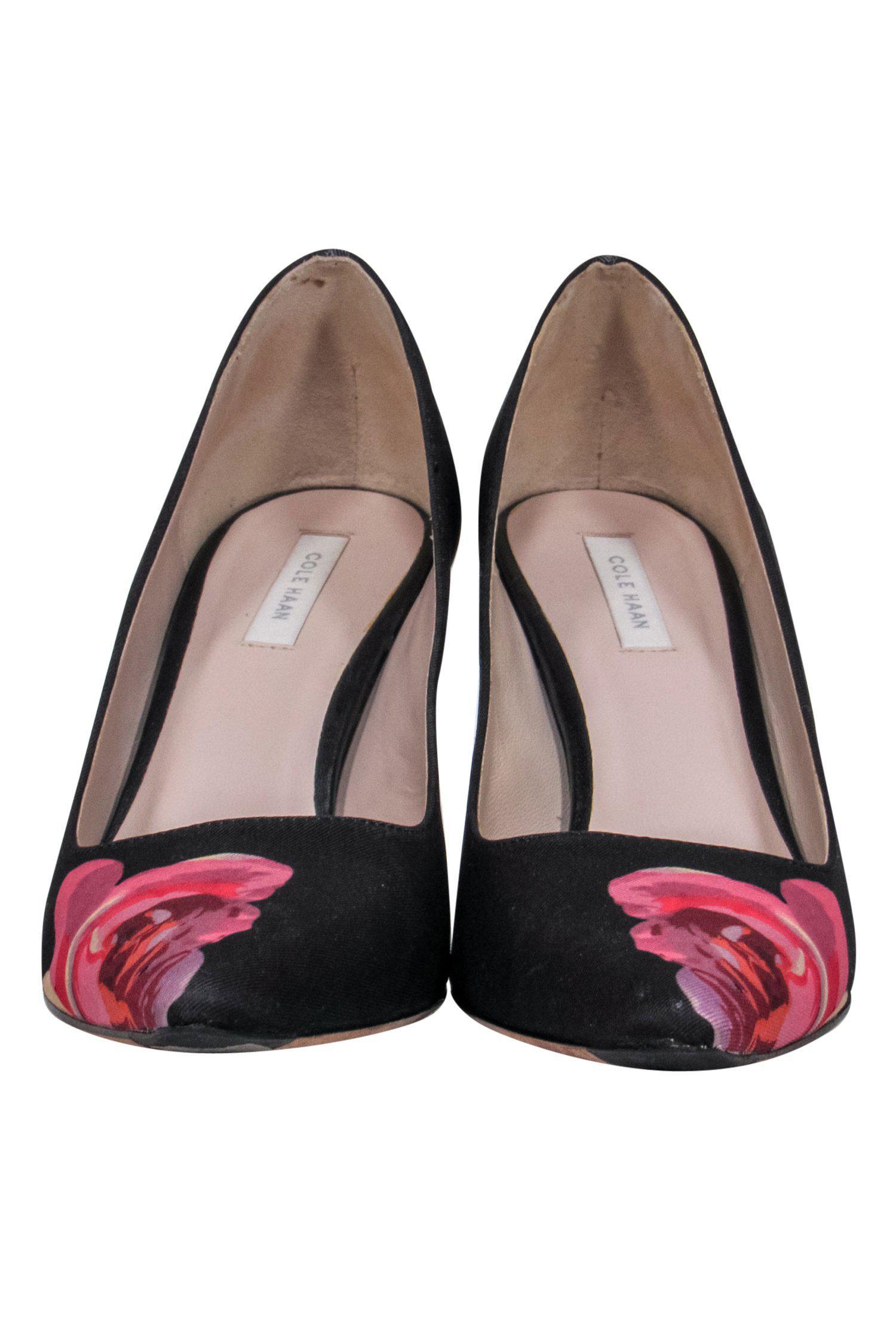 Cole Haan - Stunning Black & Pink Rose Print Pointed Toe Pumps in Size 7