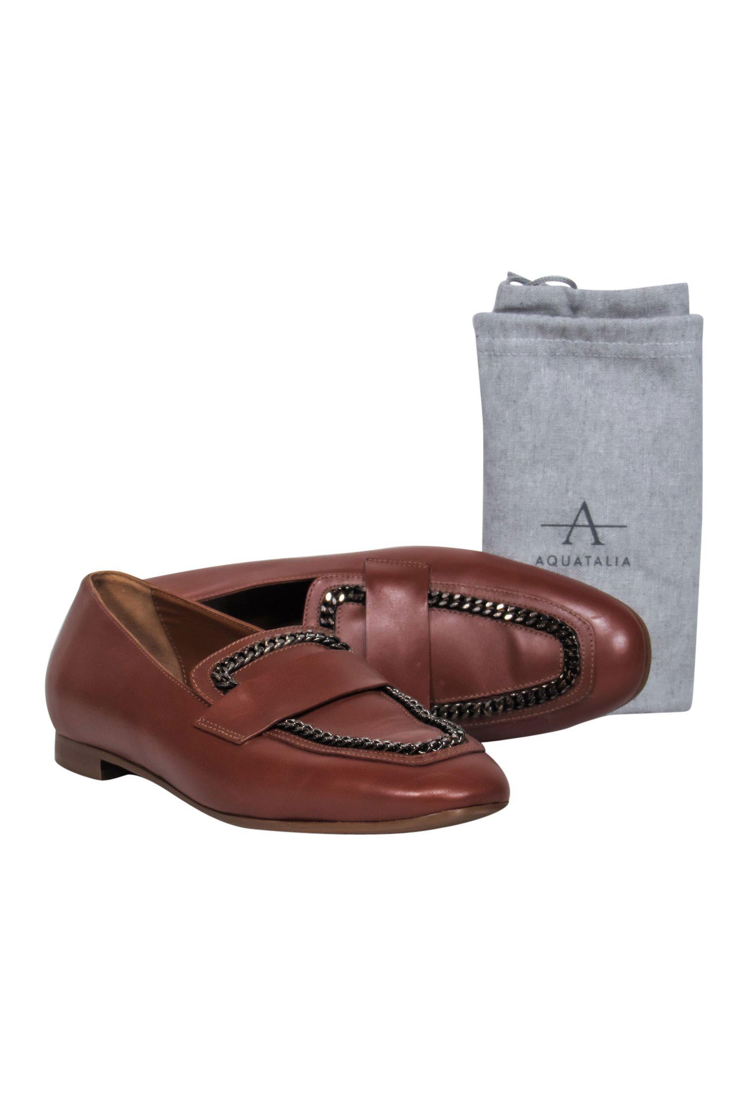 Aquatalia Brown Smooth Leather Chain-Trim Loafers - Size 9