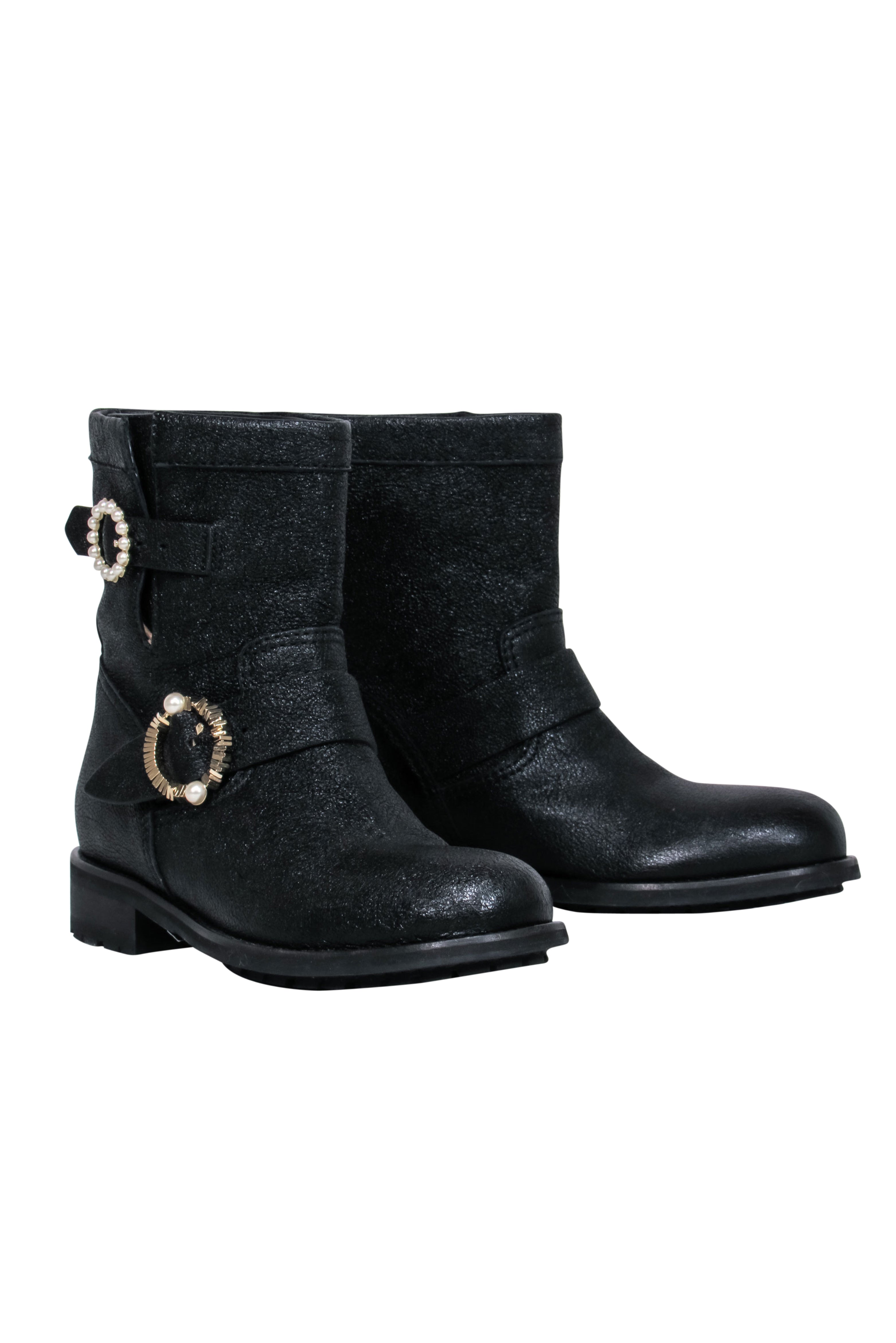 Jimmy Choo Black Sparkle Leather Ankle Lugsole Boots with Pearl Buckles - Size 6.5