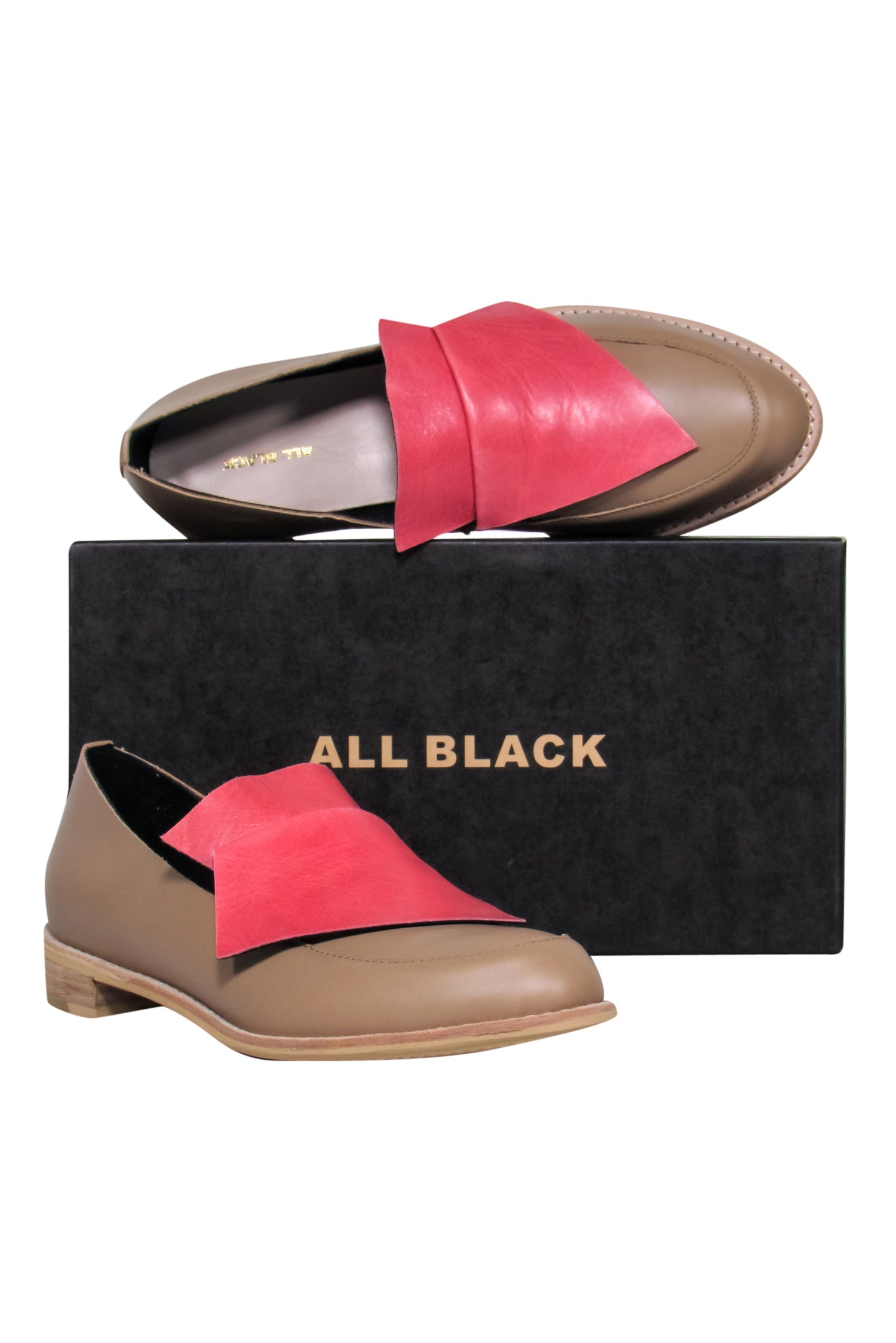 All Black Tan & Watermelon Pink Flap Design Flatbow Leather Loafers - Size 10
