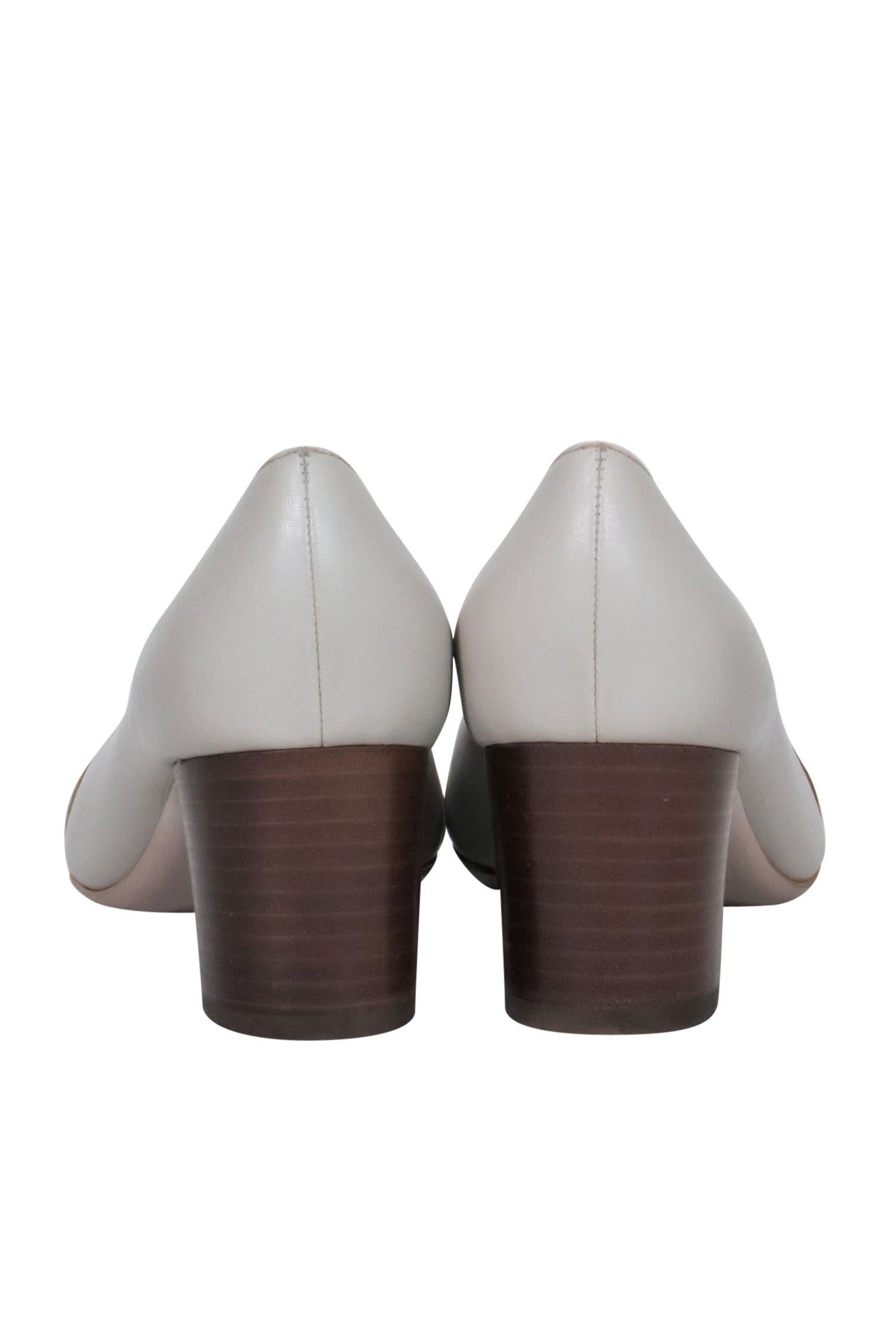 Ferragamo Gabriel Block Heel: Classy Ivory Leather with Buckles, Size 6.5