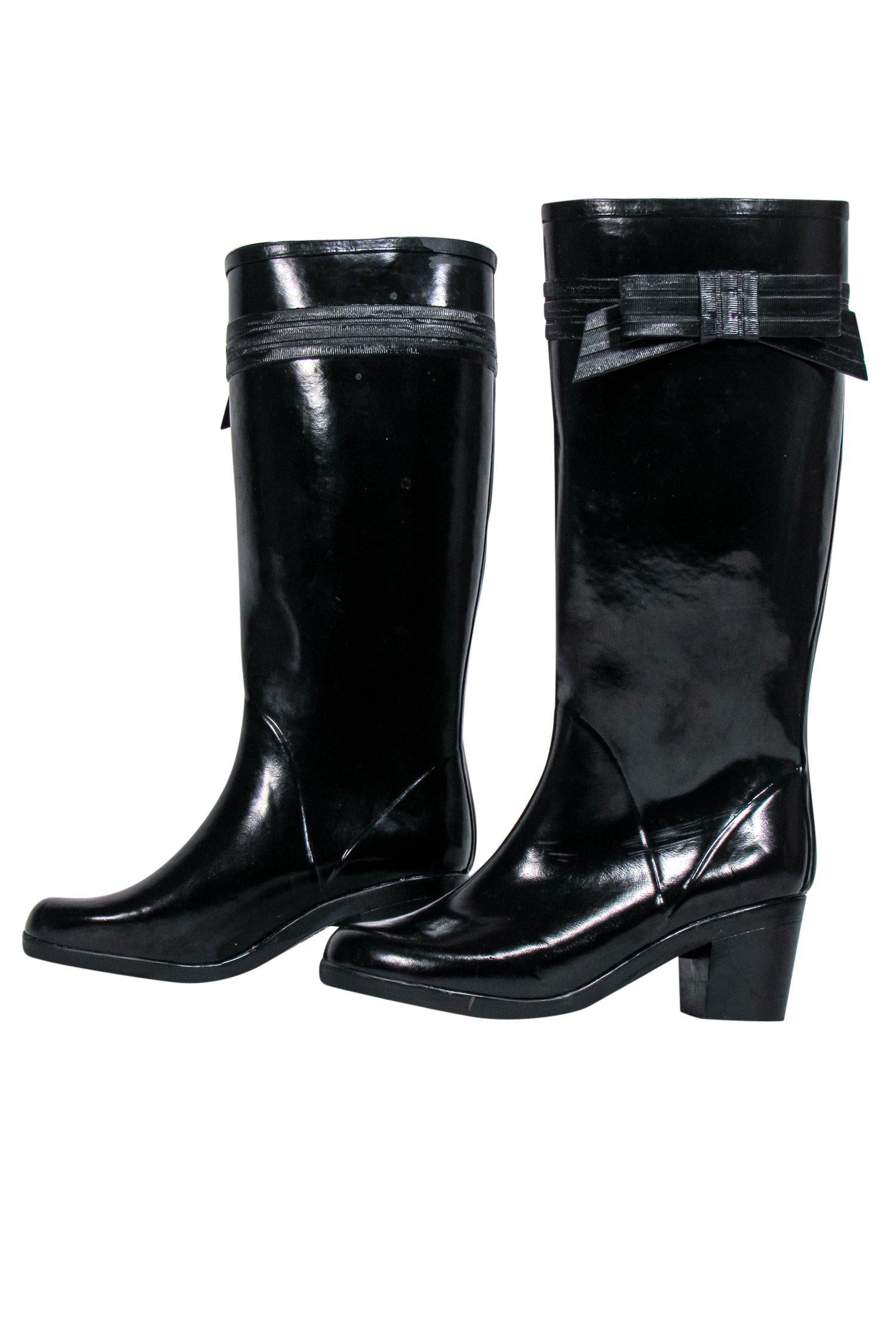 Kate Spade Stylish Black Knee - High Rain Boots with Bows, Size 7