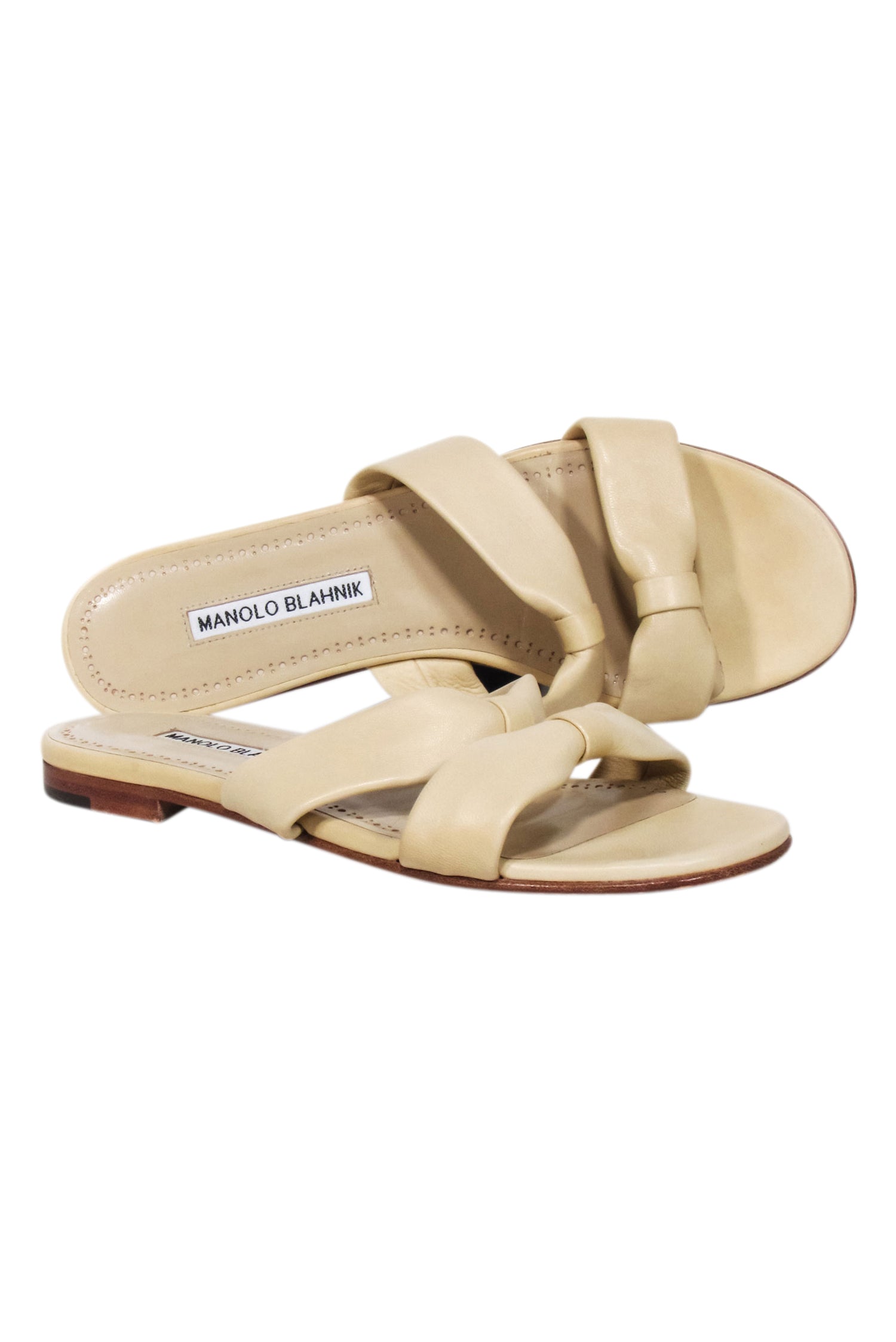 Manolo Blahnik's Irresistible Light Beige Nappa Leather Pallera Knotted Sandals - Size 7