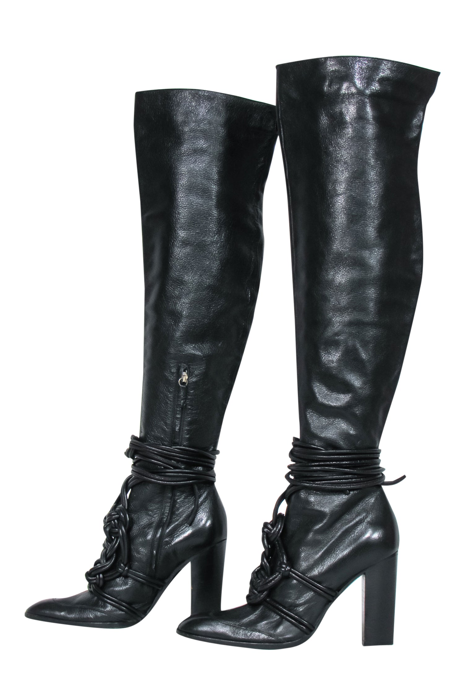 Yves Saint Laurent - Stunning Black Leather Thigh High Boots with Braided Lace-Up Design, Size 10