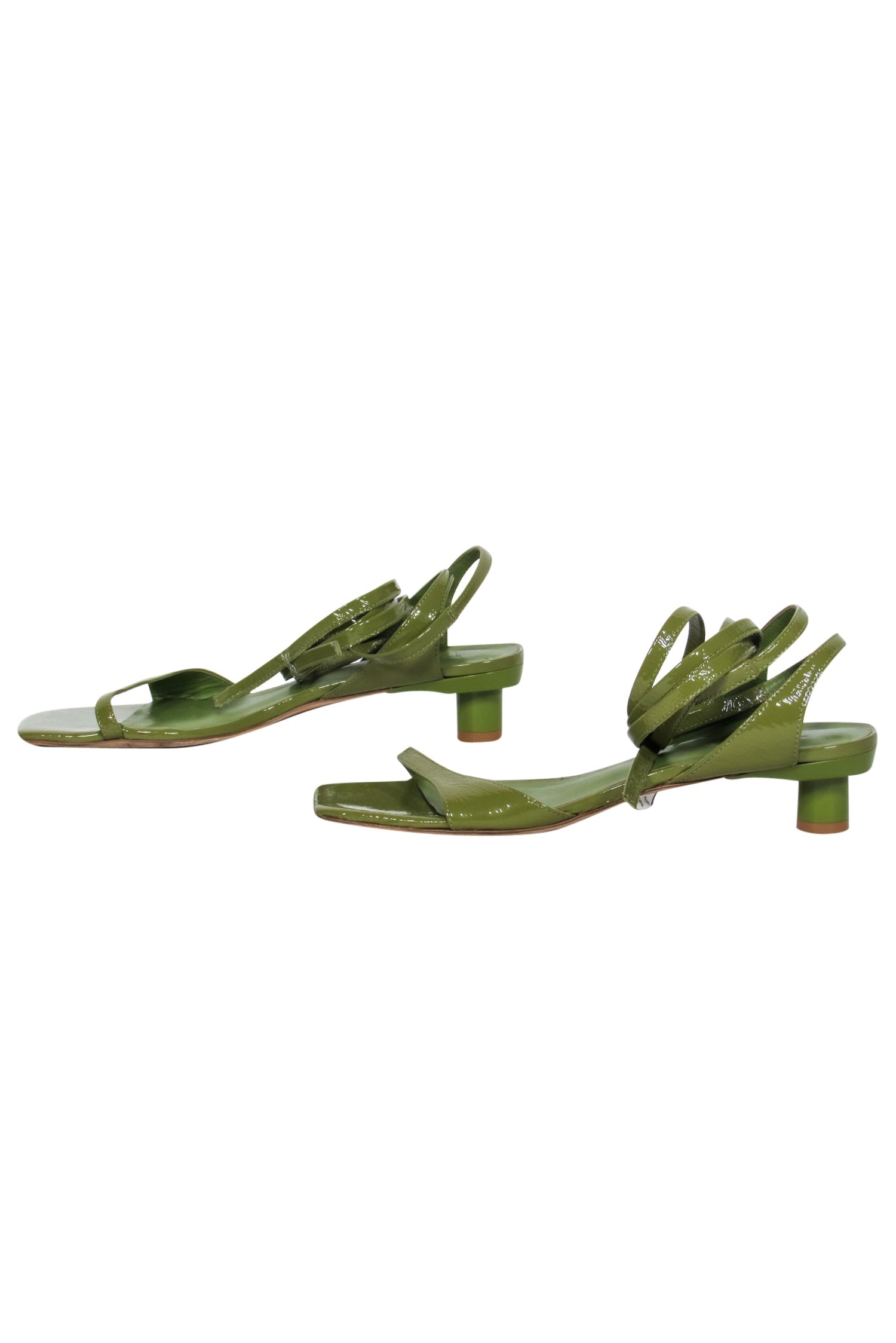 Tibi Avocado Green Patent Leather Strappy Square Toe Heeled Sandals - Size 7.5