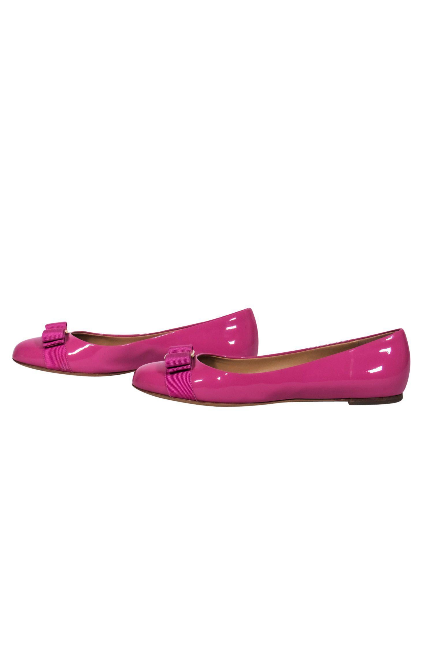 Ferragamo Pink Patent Leather Varina Ballet Flats with Bow - Size 8