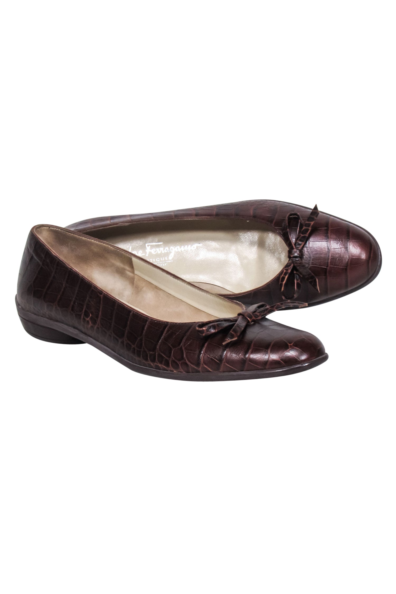 Ferragamo Brown Croc-Embossed Leather Bow Toe Flats - Size 7 - Irresistible Fashion!