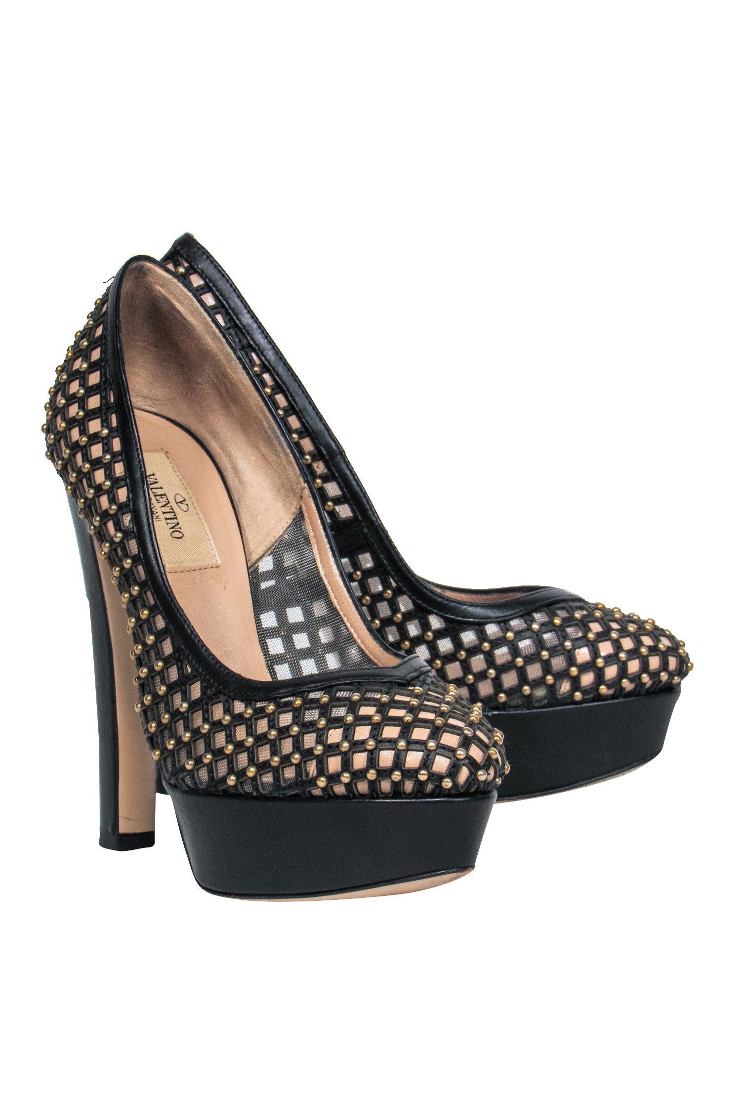 Valentino Glam! Black & Beige Mesh Gold Studded Platform Pumps - Size 7