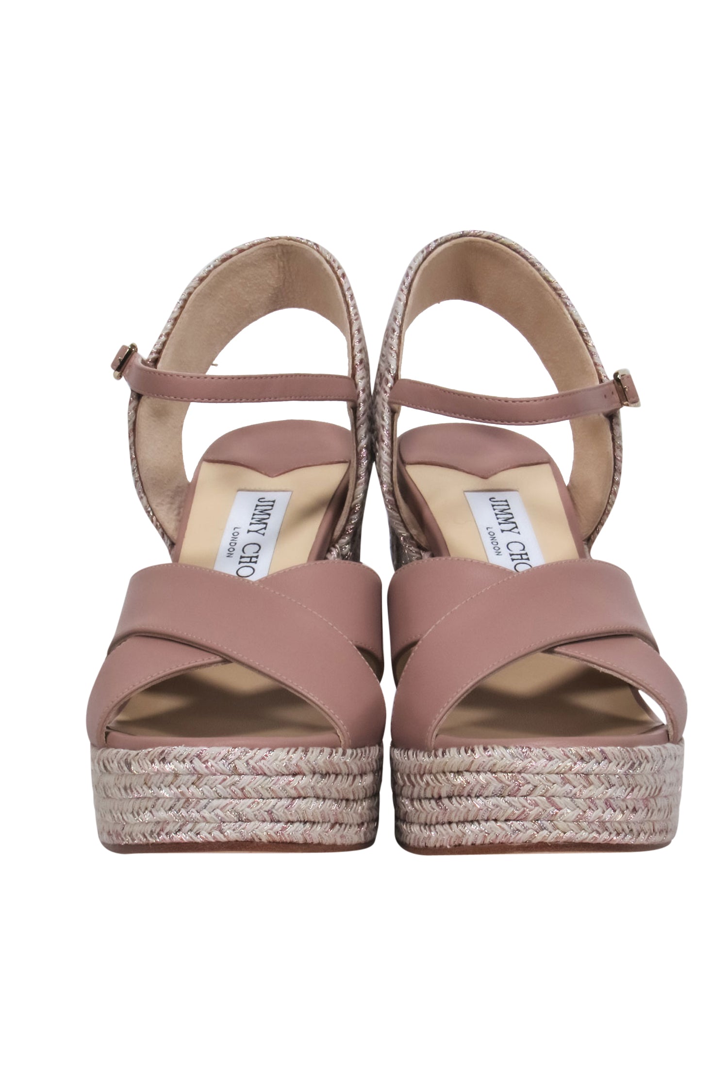 Jimmy Choo Pink Leather & Metallic Rope Trim Wedge Espadrille Heels - Size 8
