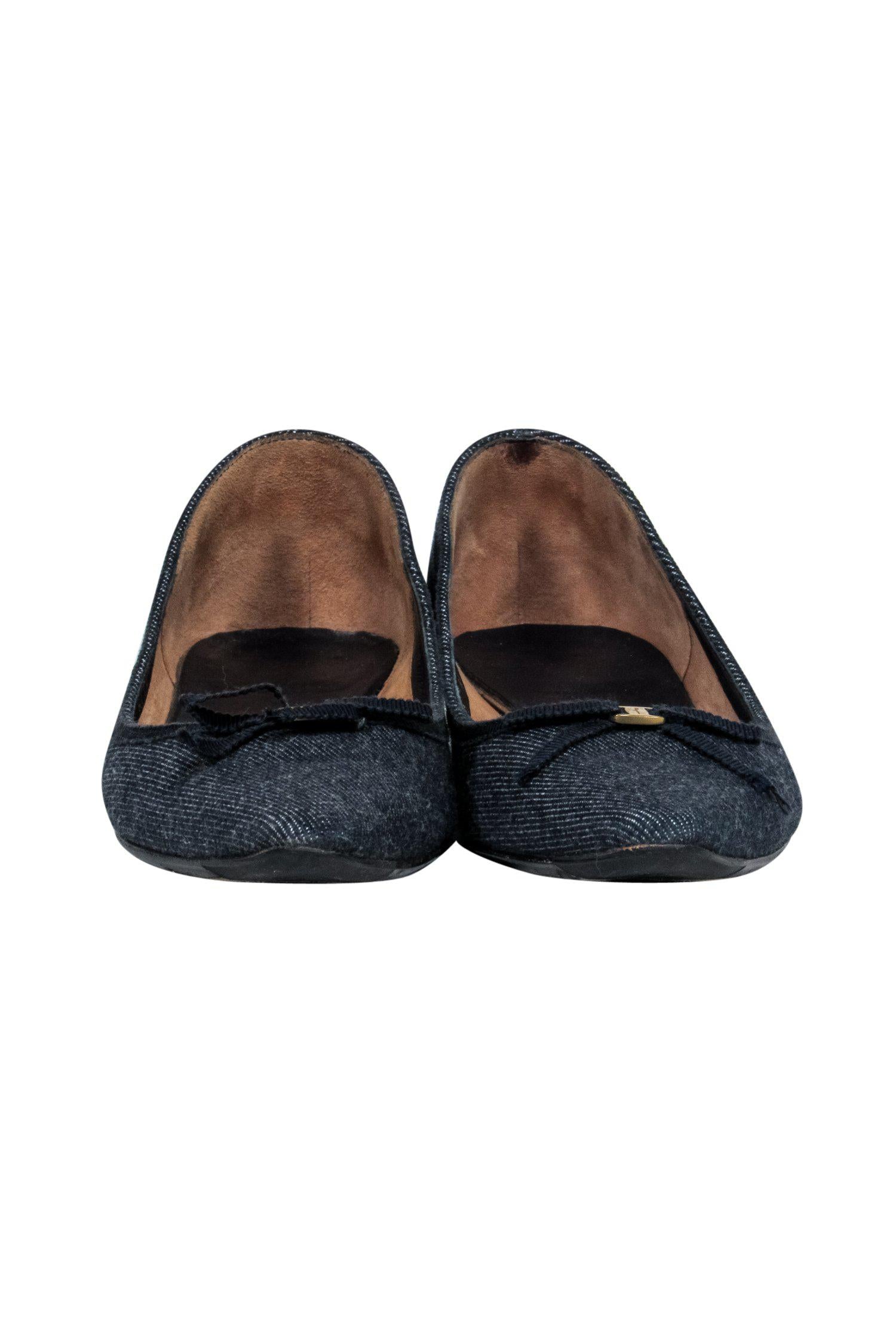 Ferragamo Chambray Bow-Pointed Toe Flats - Size 6