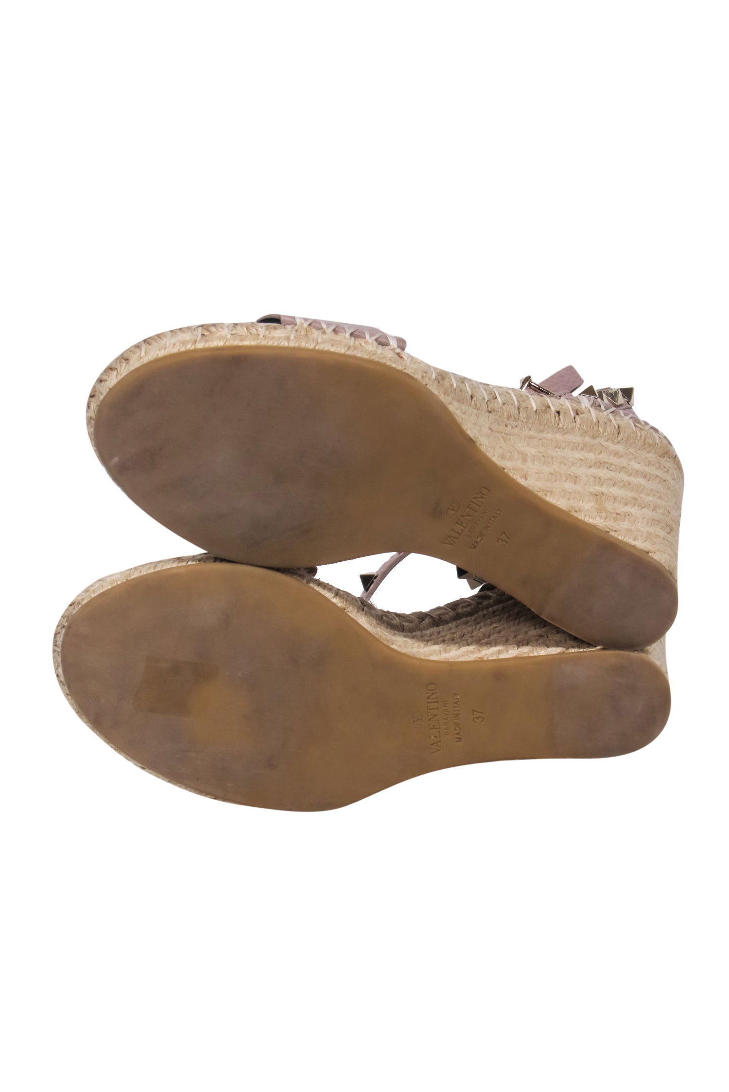 Valentino Nude Calfskin Leather Rock-Stud Espadrille Wedges with Ankle Strap - Size 7