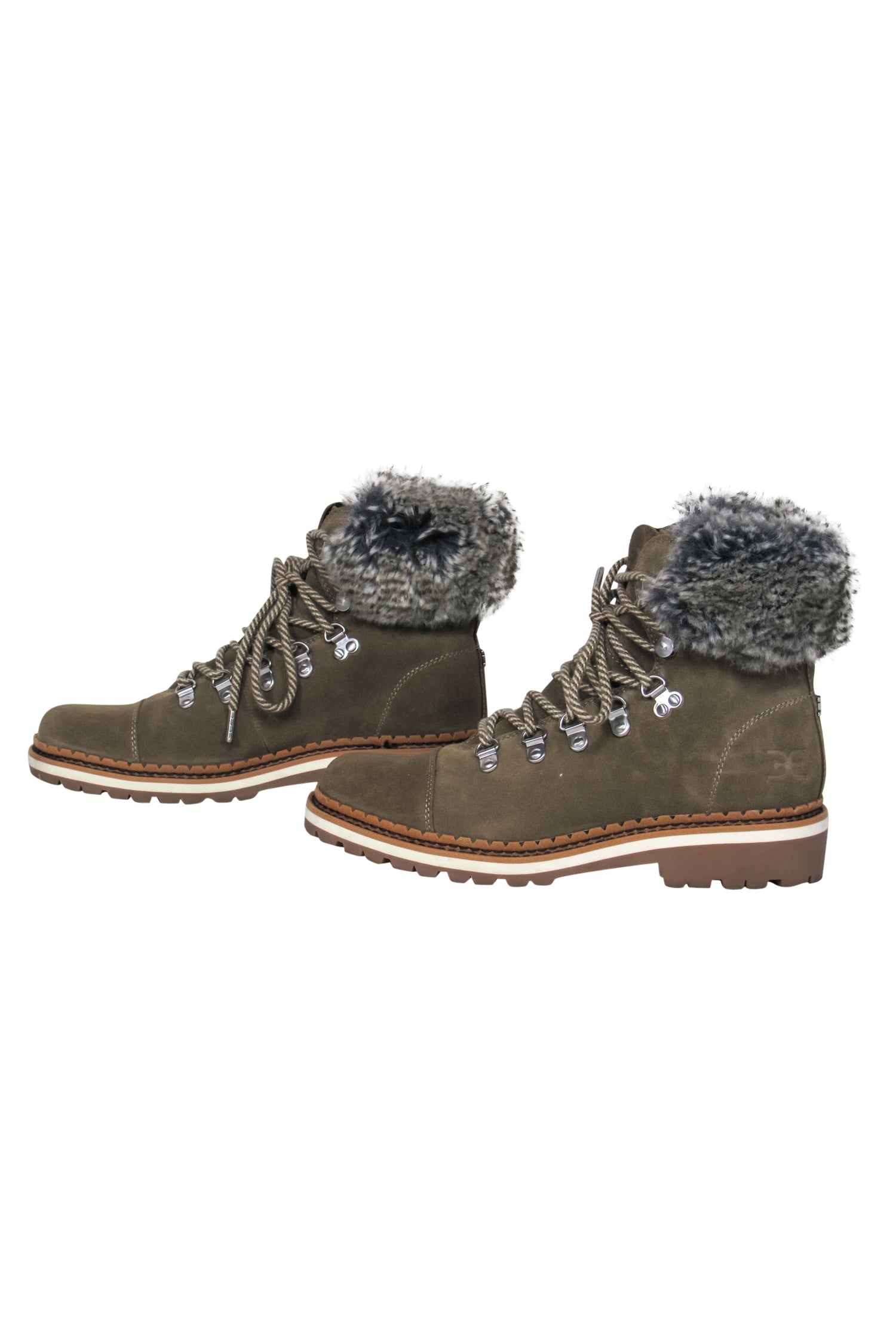 Sam Edelman Light Olive Suede Lace-Up Booties with Faux Fur Trim - Size 7