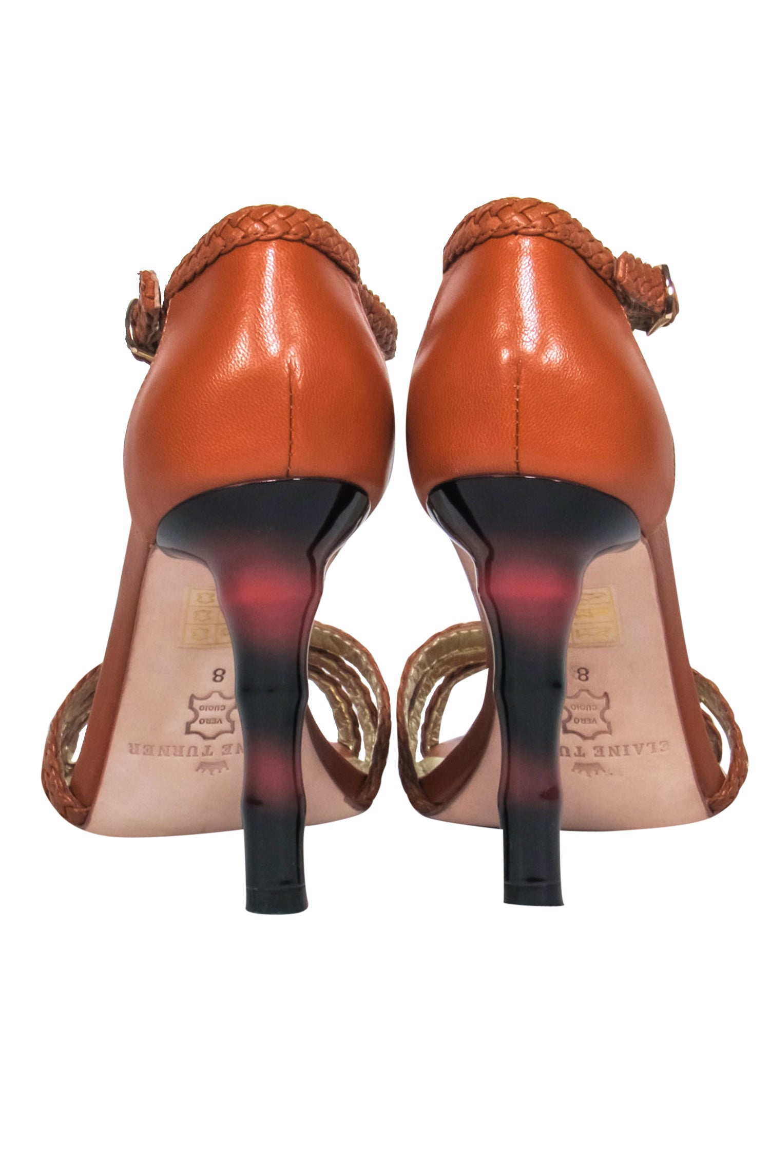Elaine Turner Cognac Brown Braided Briana T-Strap Heels - Size 8, Stunning Carved Heel!