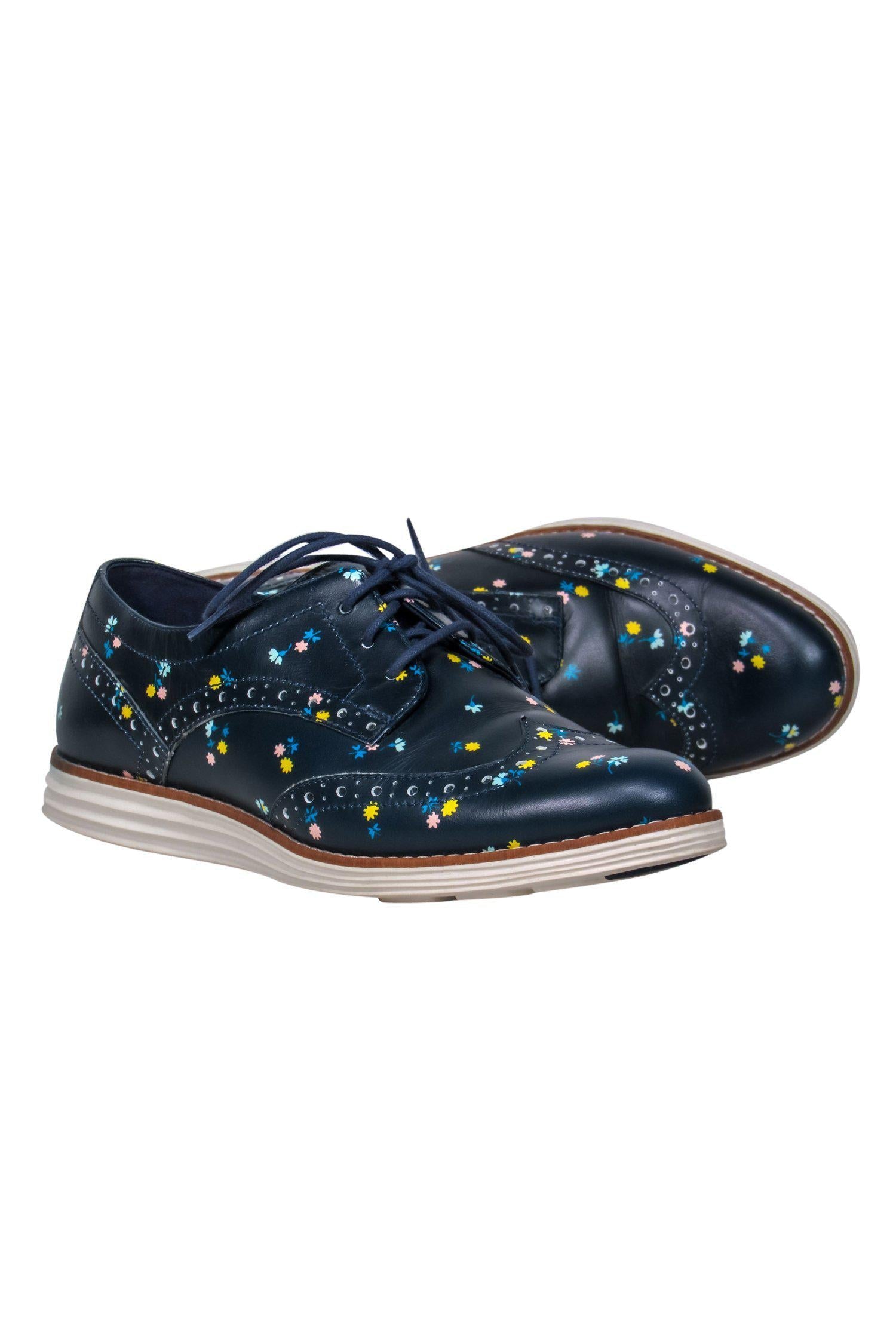 Cole Haan Navy Floral Print Lace - Up Loafers in Size 7.5: A Spring Office Essential!