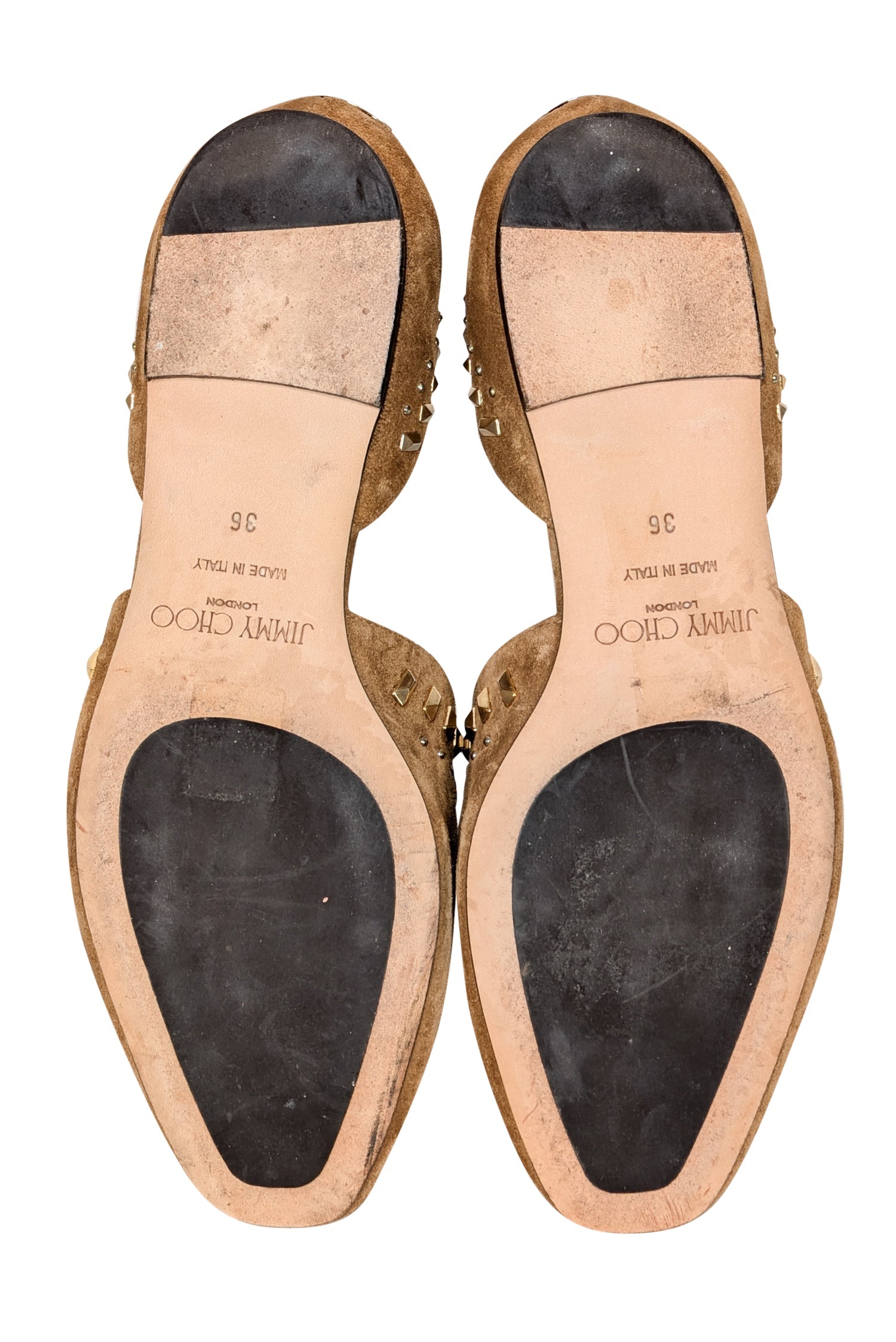 Jimmy Choo Tan Suede Flats with Gold Studded Trim - Size 6