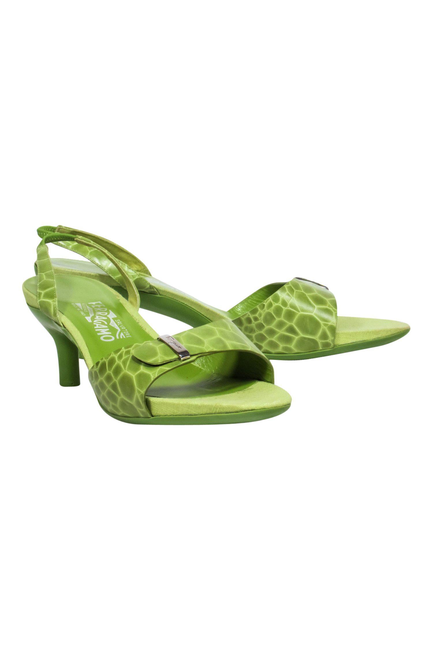 Ferragamo Light Green Reptile Embossed Slingback Kitten Heels - Size 11