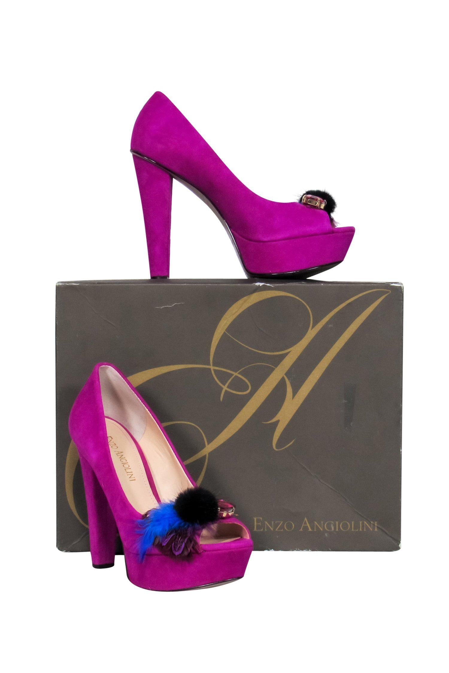 Enzo Angiolini Magenta Suede Feather & Rhinestone Peep - Toe Platform Pumps, Size 5.5