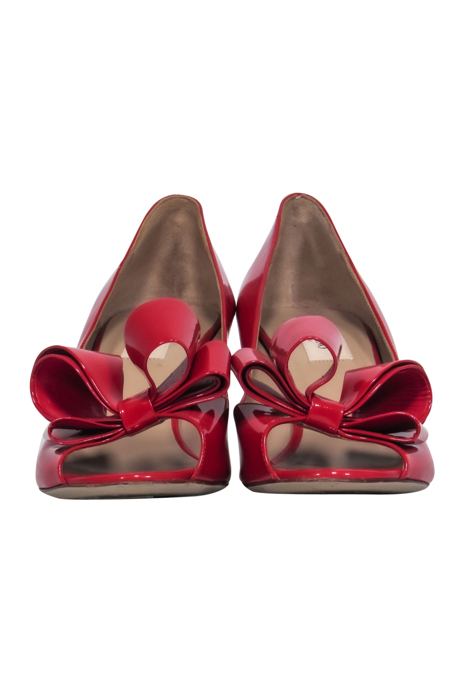Valentino Fiery Red Patent Leather Open Toe Kitten Heels with Bow - Size 8.5