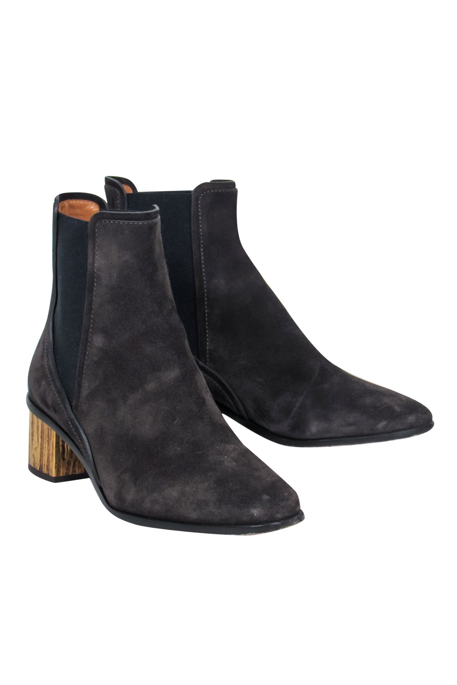 Chloe Black Suede Chelsea Booties - Gold Block Heel, Size 8.5