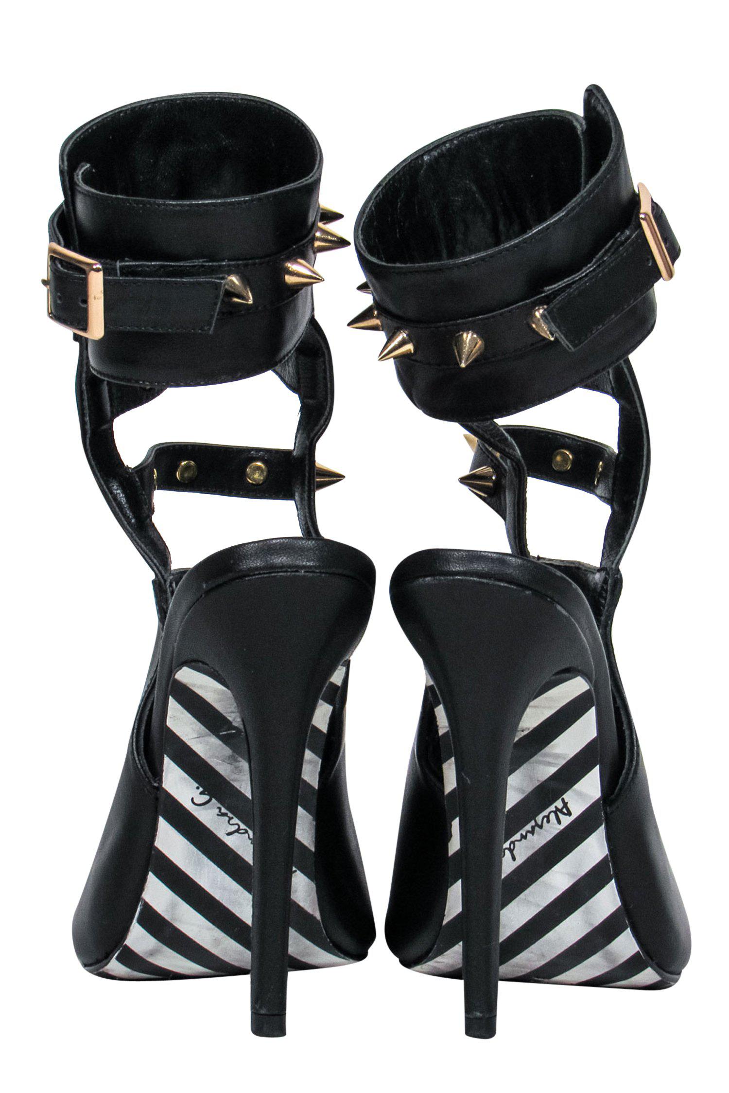 Alejandra G. Black Caged Peep - Toe Stilettos with Gold Studs, Size 6