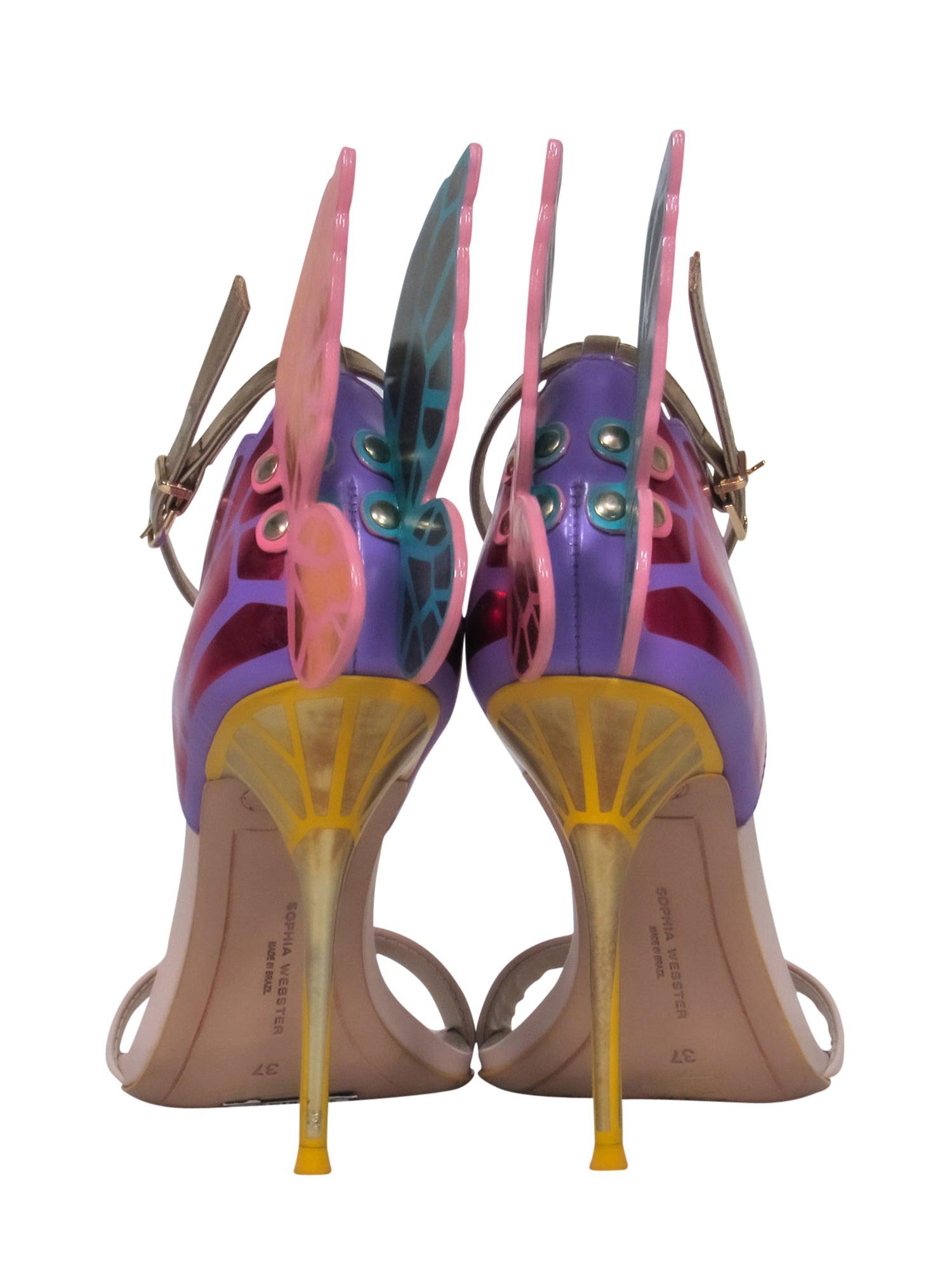 Sophia Webster's Magical Purple, Pink & Yellow Strappy Butterfly Heels - Size 6.5