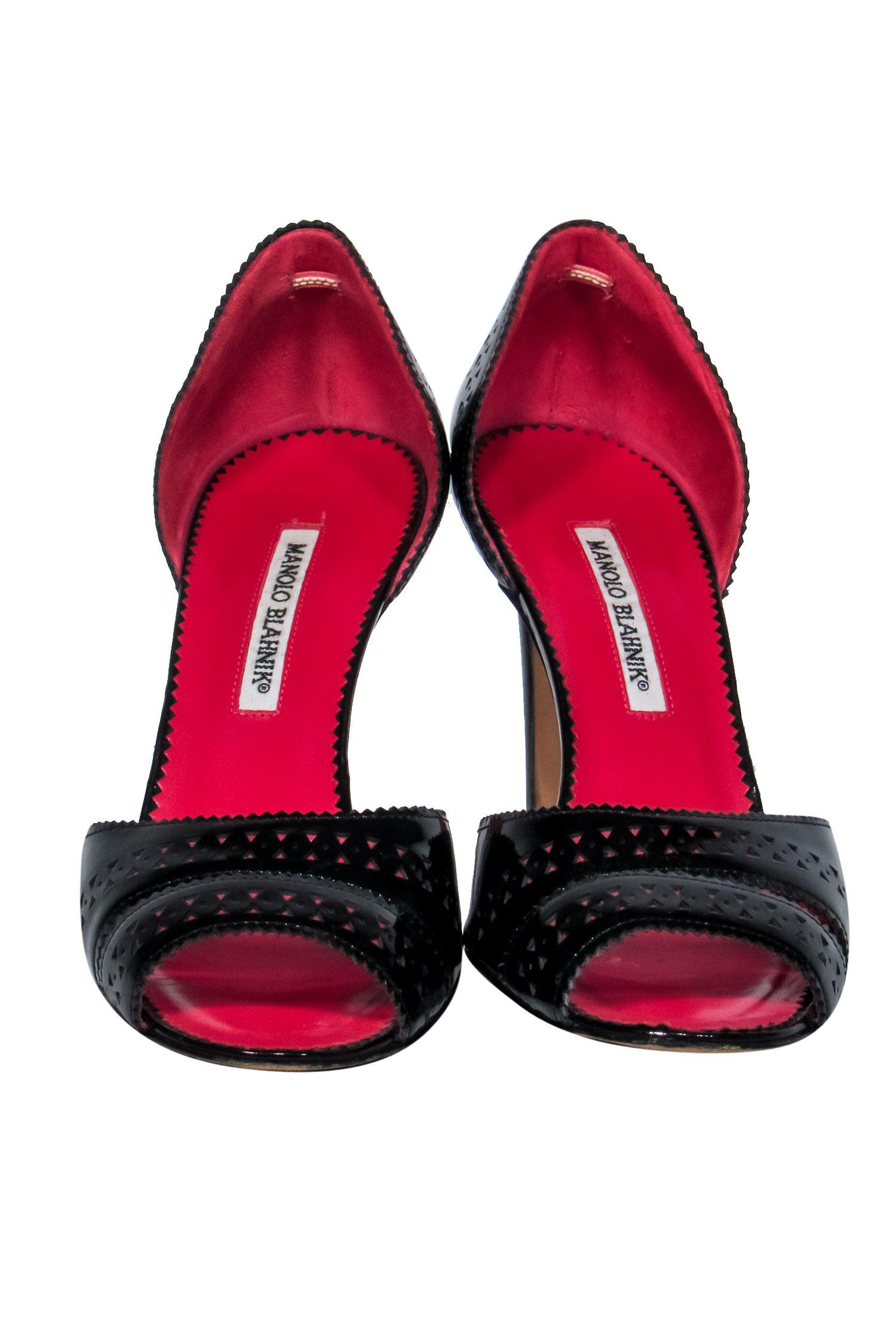 Manolo Blahnik's Stunning Black Patent Leather Laser - Cut Open - Toe Pumps in Size 11