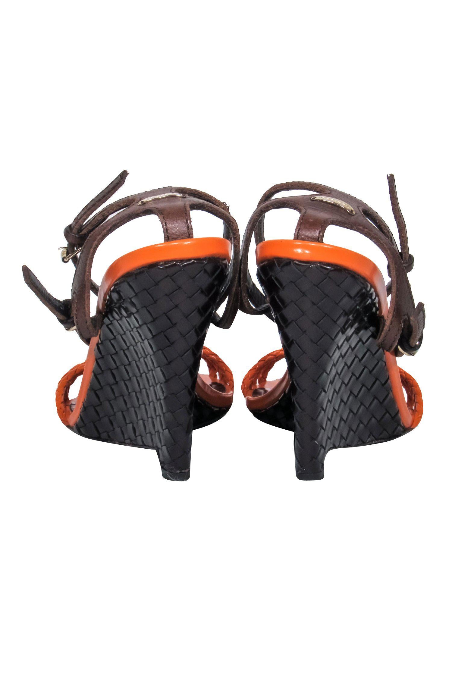 Burberry Orange & Brown Leather Woven Strappy Wedges - Size 11: Tropical Island Style!