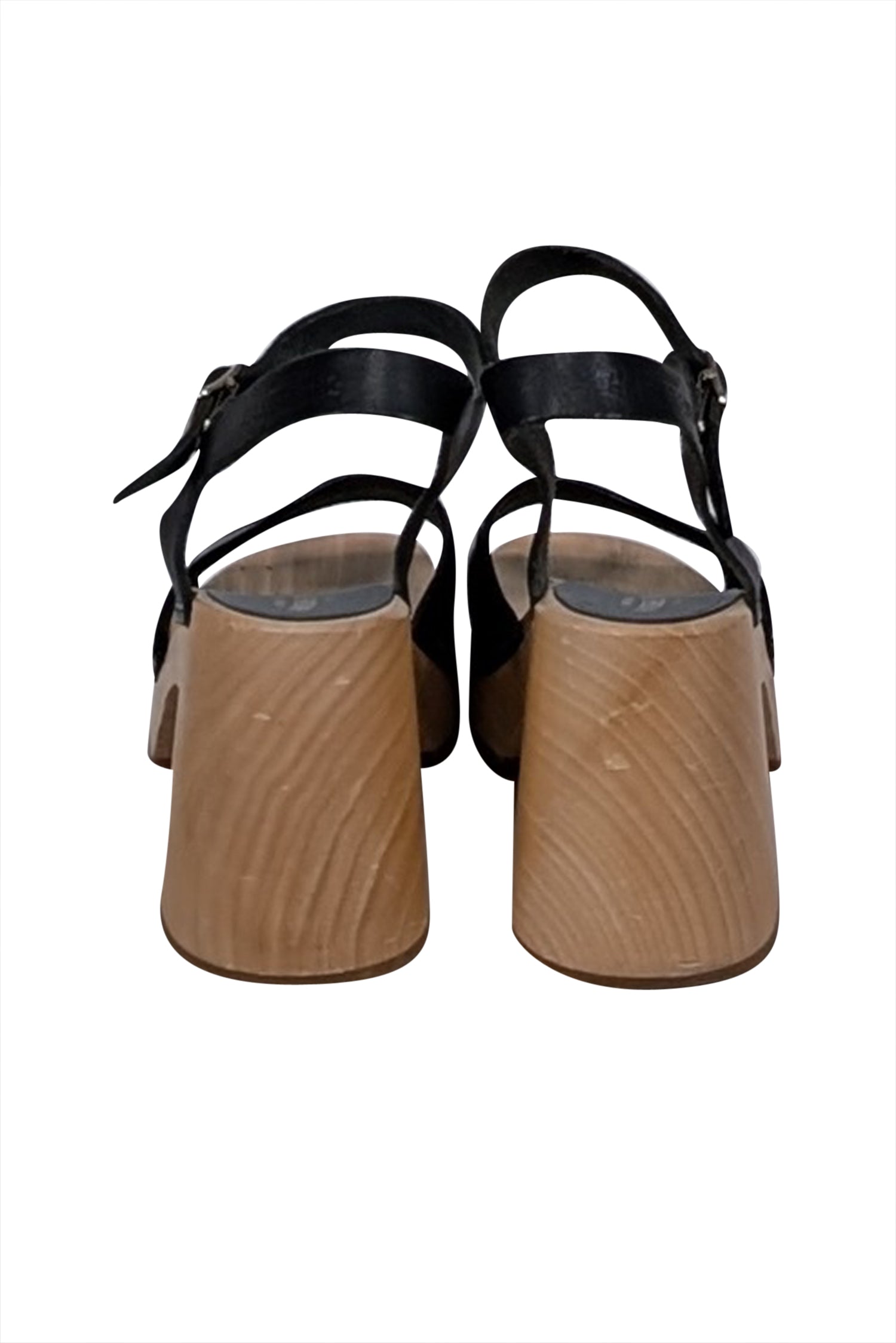 Swedish Hasbeens Black Leather Strappy Wooden Clog Sandals - Size 6